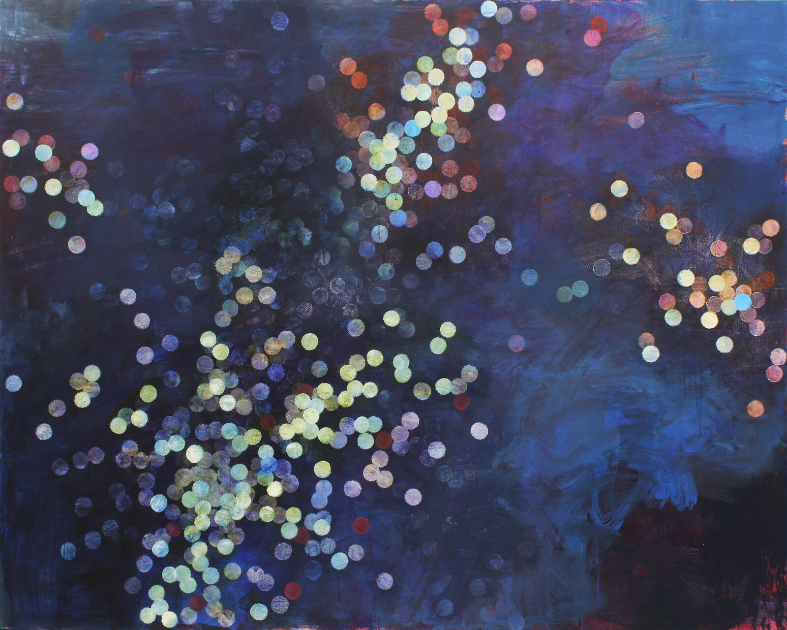 A dark abstract painting featuring clusters of glowing bokeh-like circles against a deep blue textured background.