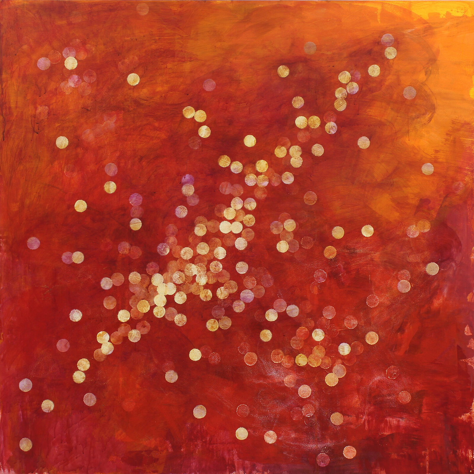 A warm-toned abstract painting featuring scattered golden circles against a textured red and orange background.