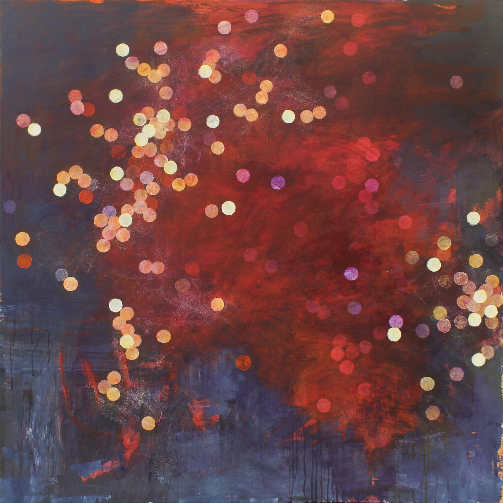 An abstract composition of glowing orbs against a textured, fiery background.