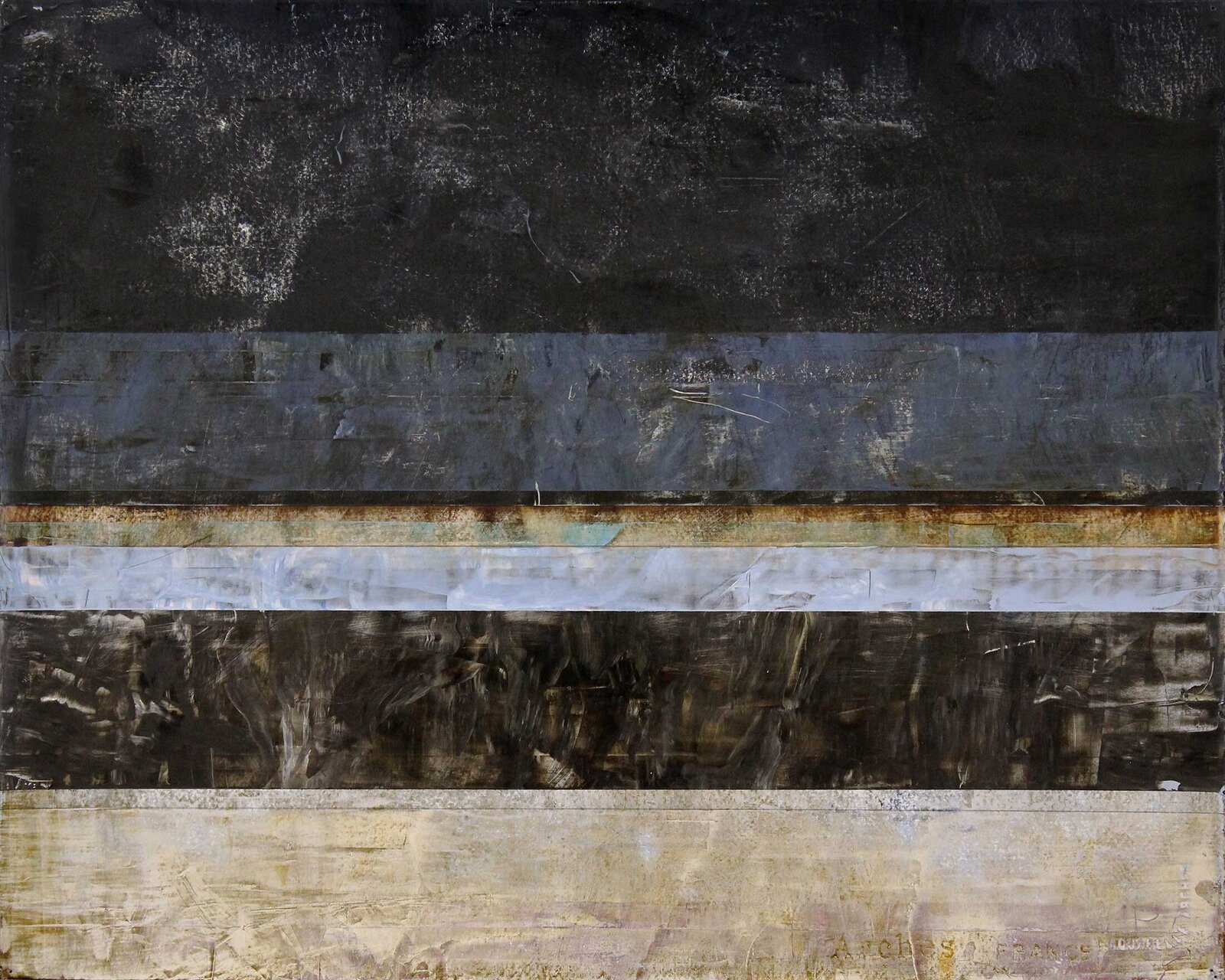 A layered abstract composition featuring horizontal bands of textured, weathered surfaces in muted earth tones.