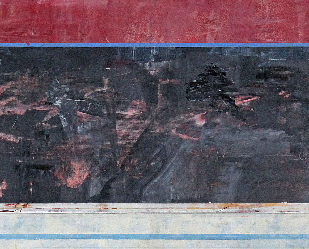 A painting on a white wall with a red, black, and blue stripe.