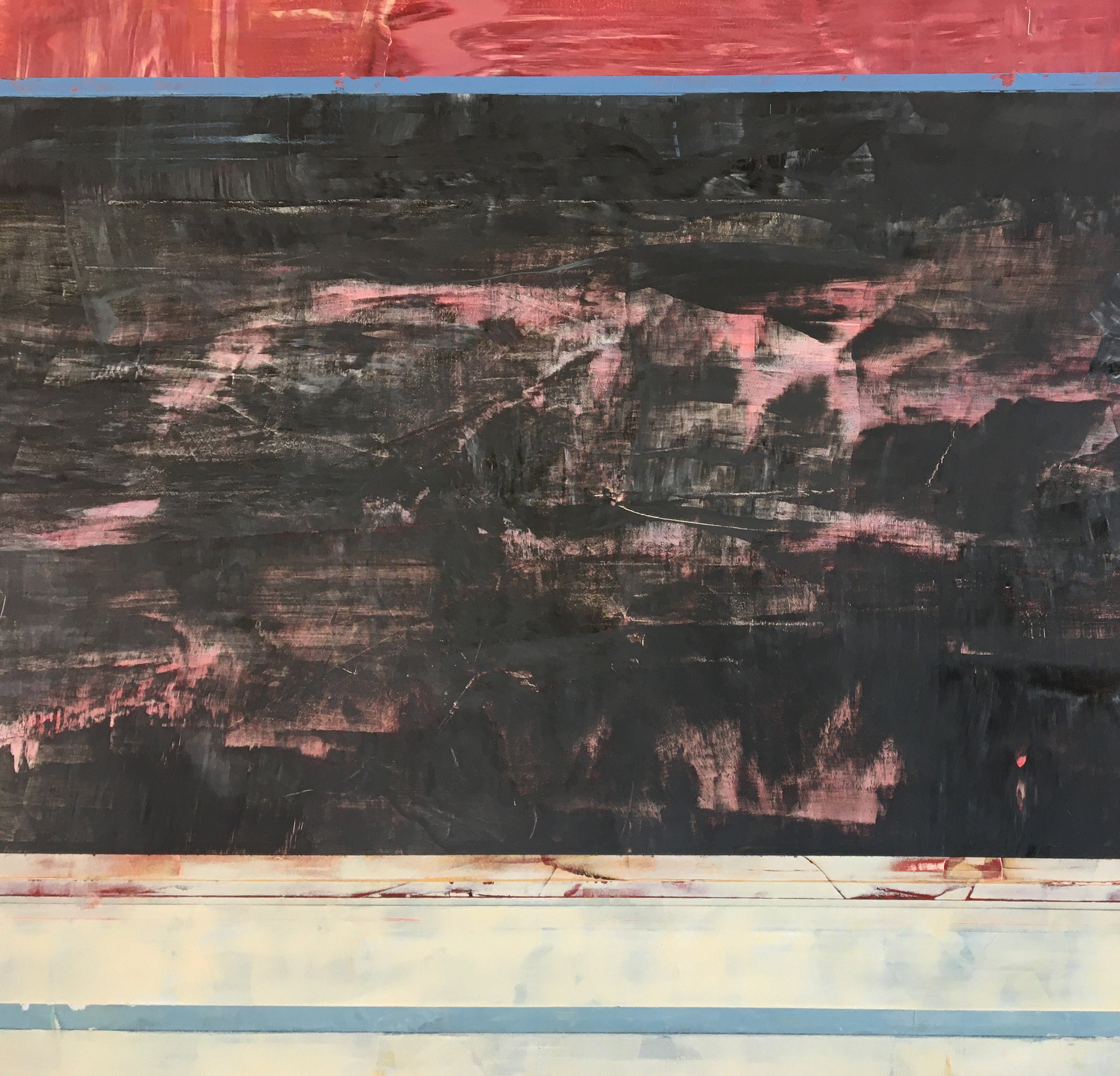 A painting on a white wall with a red, black, and blue stripe.