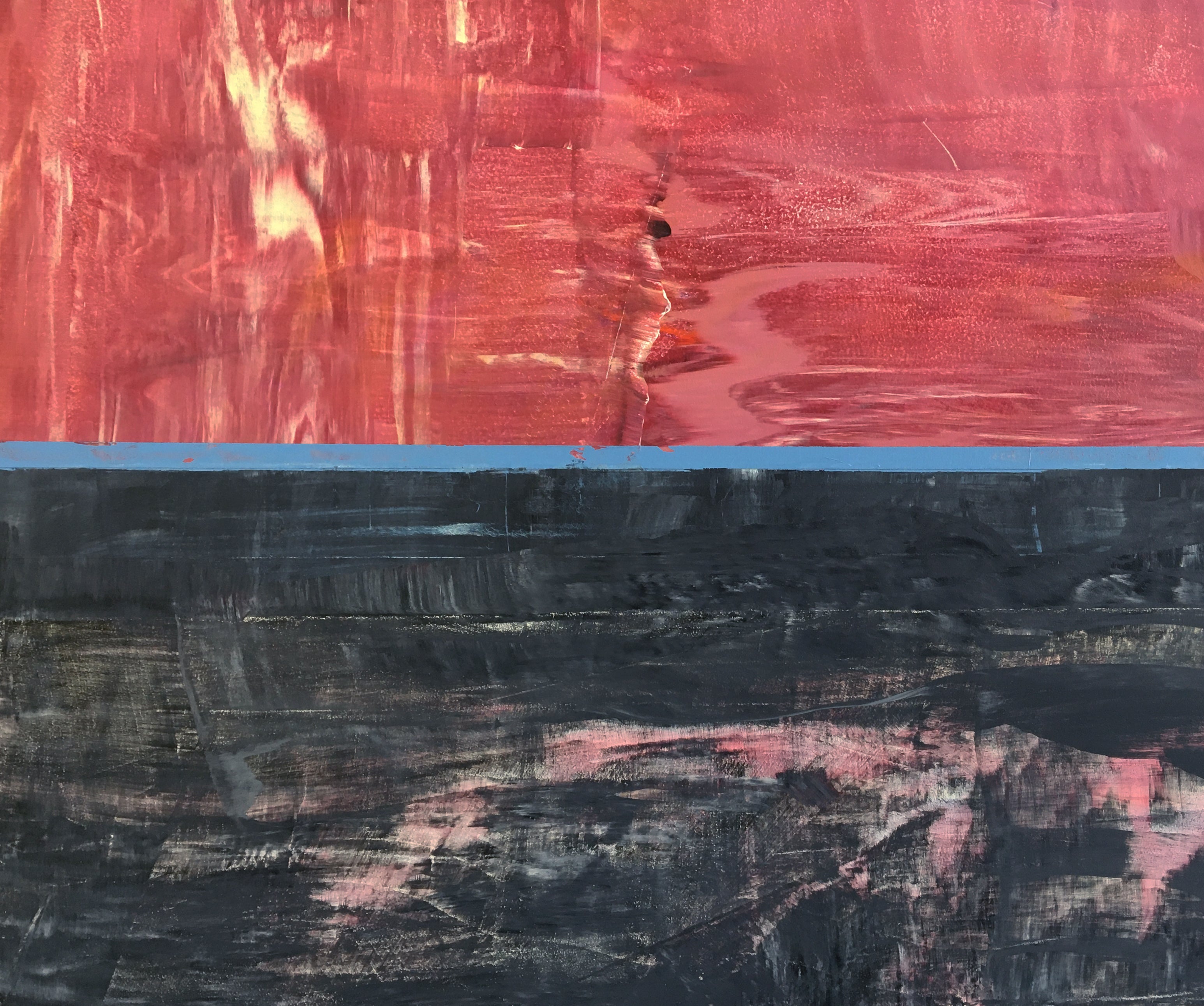 A painting on a white wall with a red, black, and blue stripe.