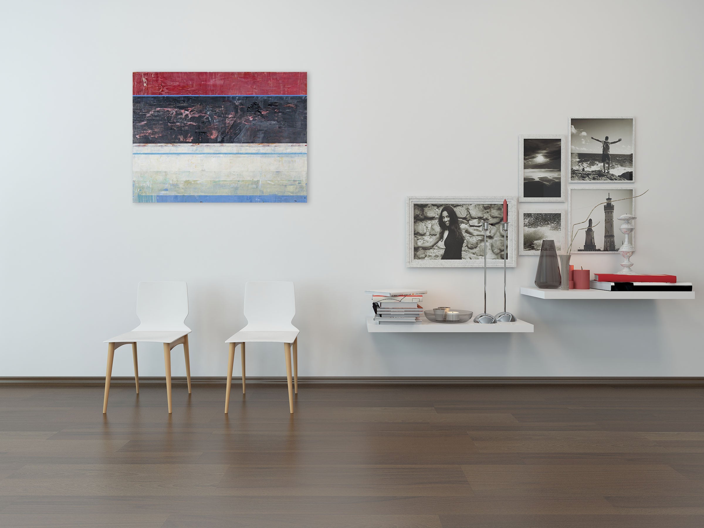 A painting on a white wall with a red, black, and blue stripe.