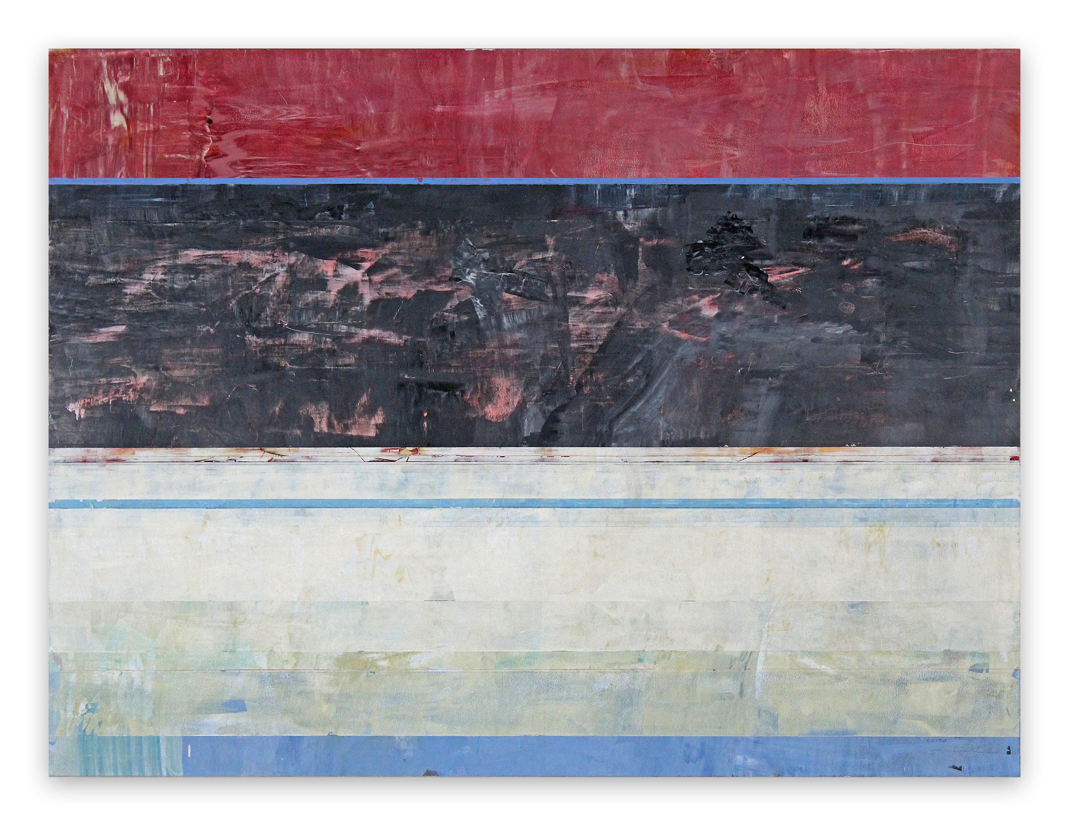 A painting on a white wall with a red, black, and blue stripe.