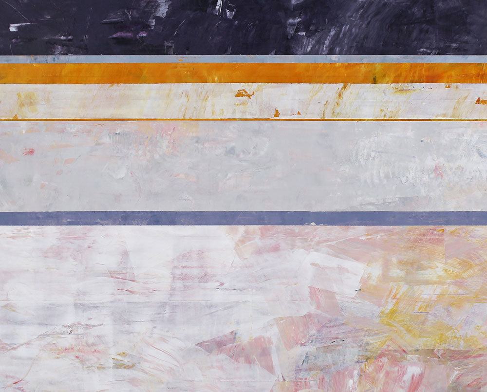 A painting on a white wall with a purple and yellow stripe.