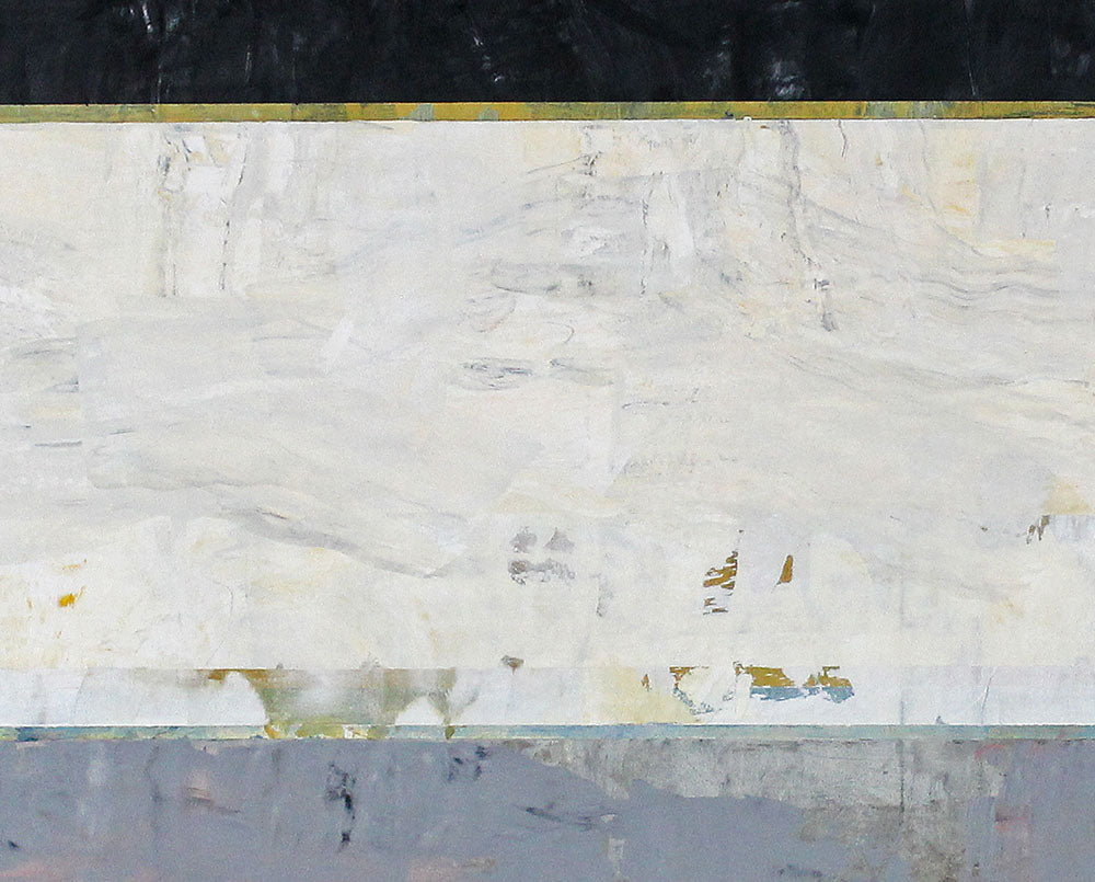 A painting on a white wall with a black and white stripe.