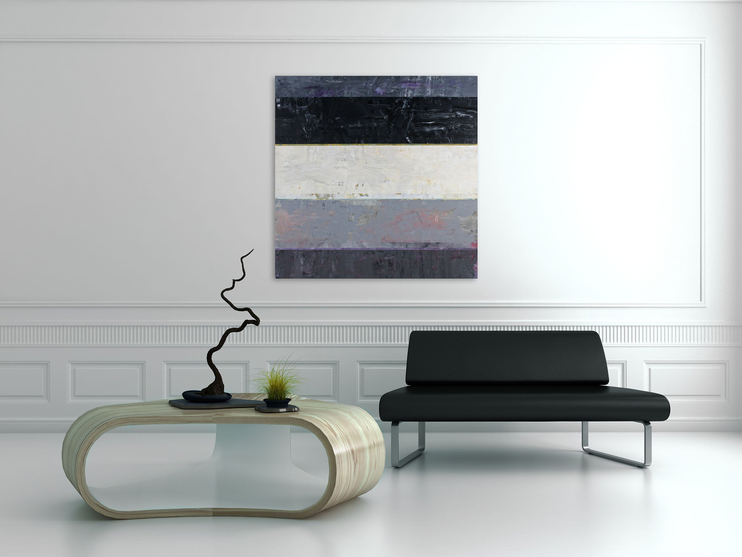 A painting on a white wall with a black and white stripe.