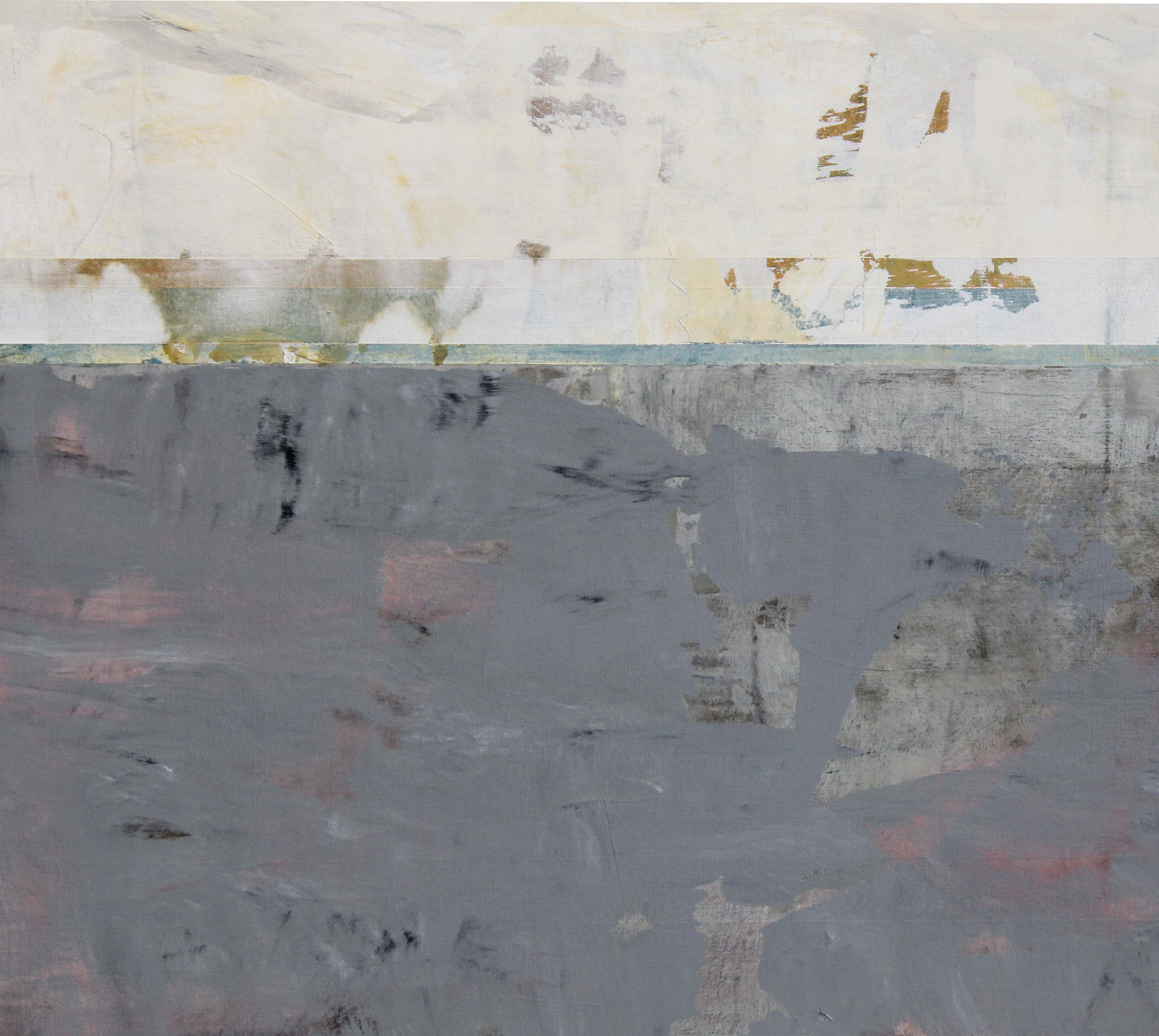 A painting on a white wall with a black and white stripe.