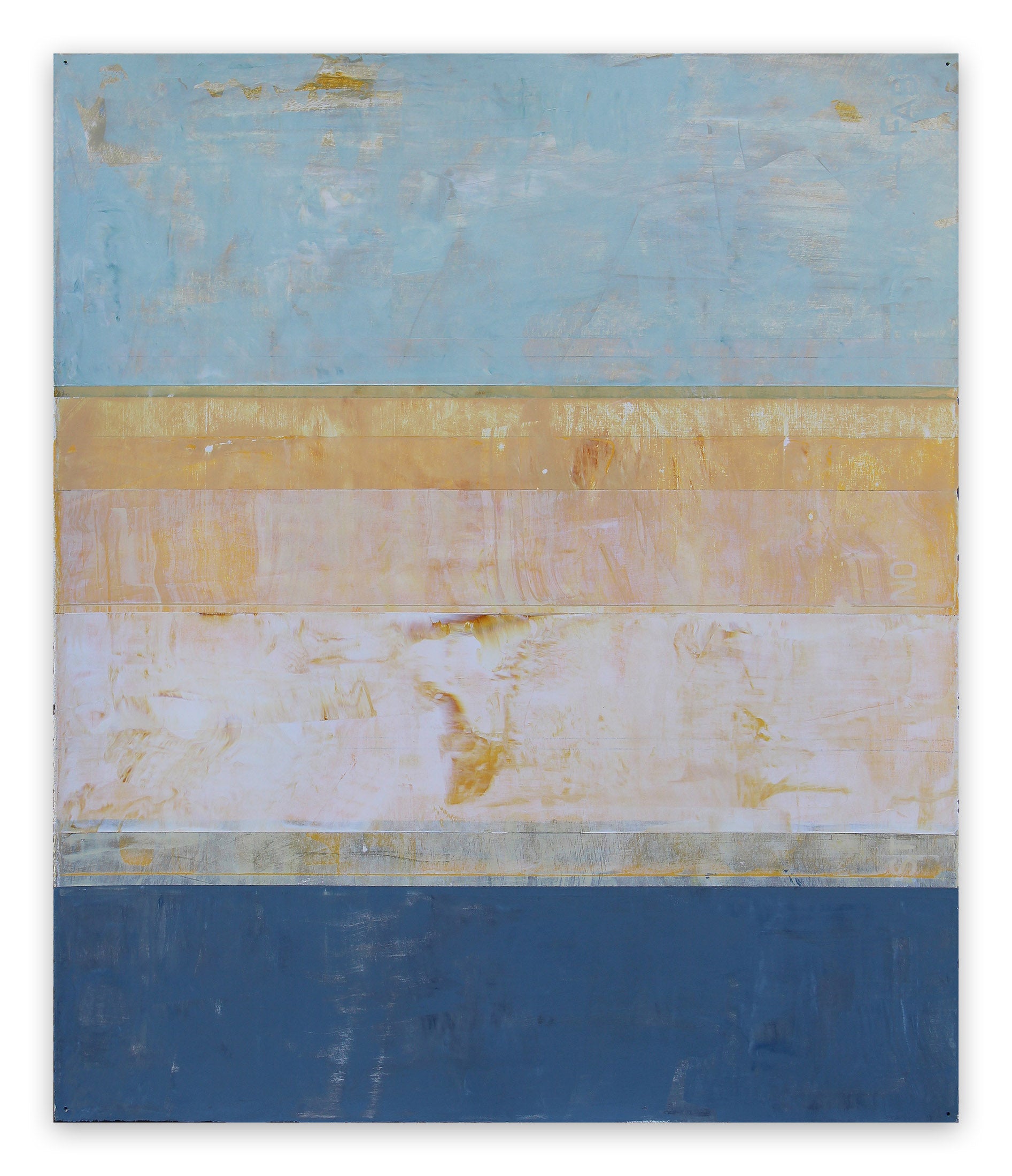 A painting of a blue and yellow striped painting on a white wall.