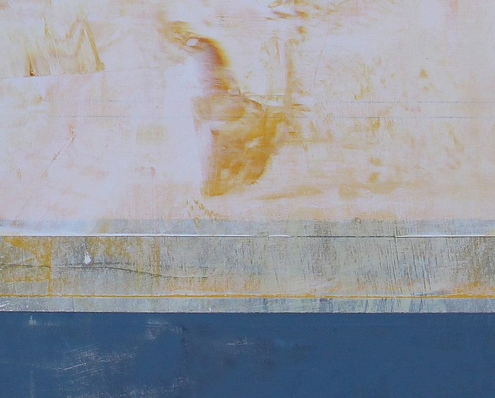 A painting of a blue and yellow striped painting on a white wall.
