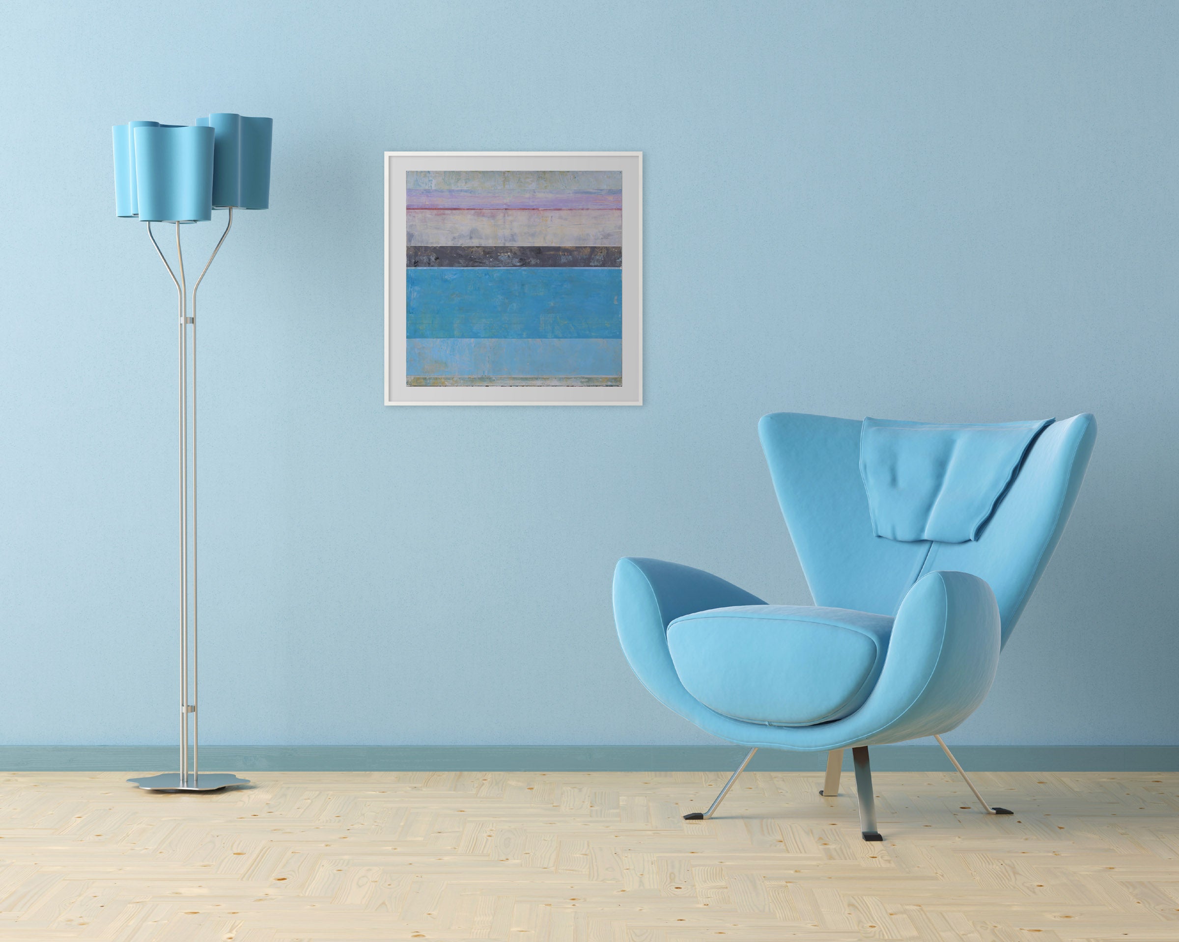 A painting on a white wall with a blue and pink stripe.