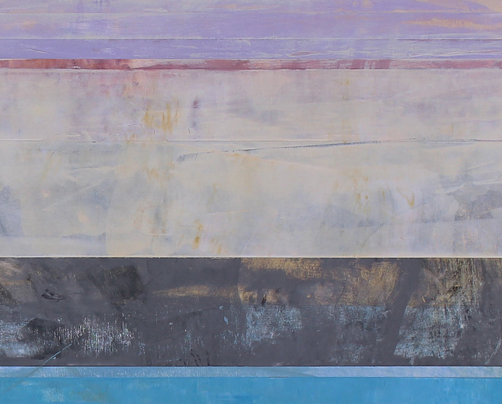 A painting on a white wall with a blue and pink stripe.