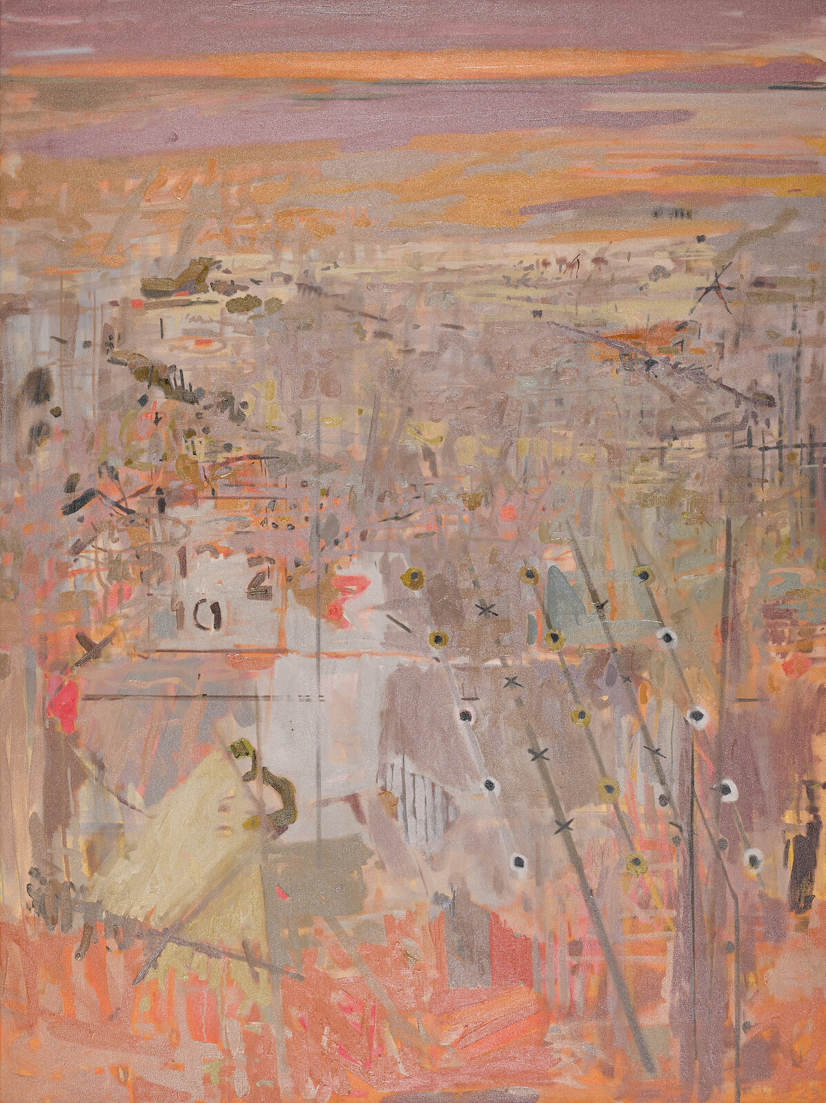 A painting of a cityscape with lots of different colors.