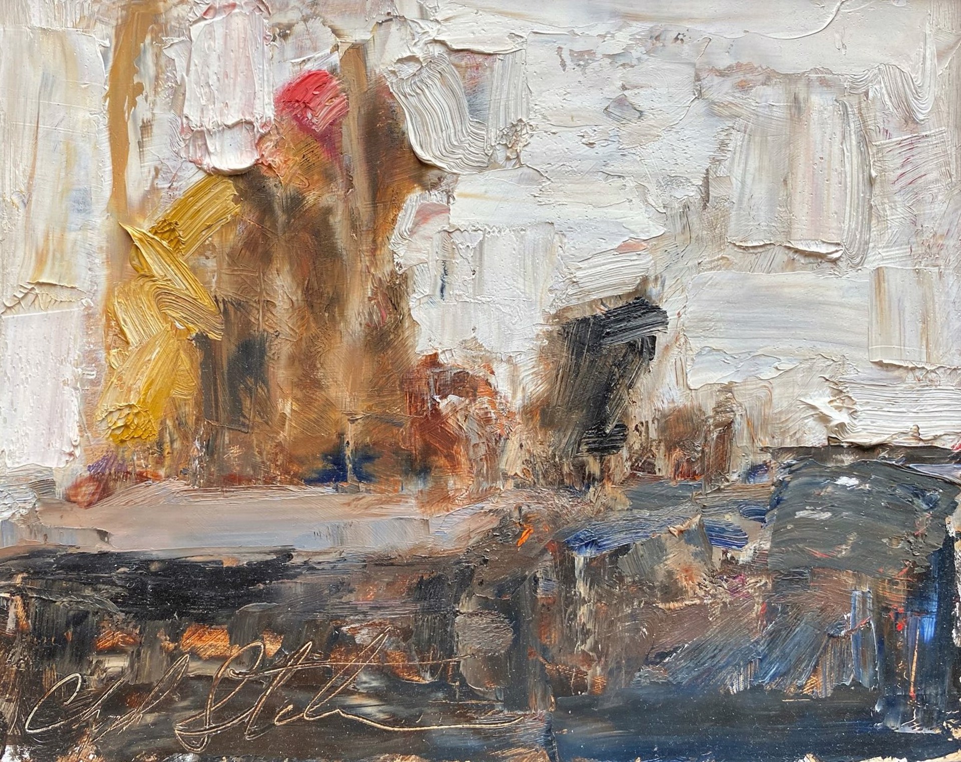 A textured abstract painting featuring a figure in warm tones against a rough, layered background.