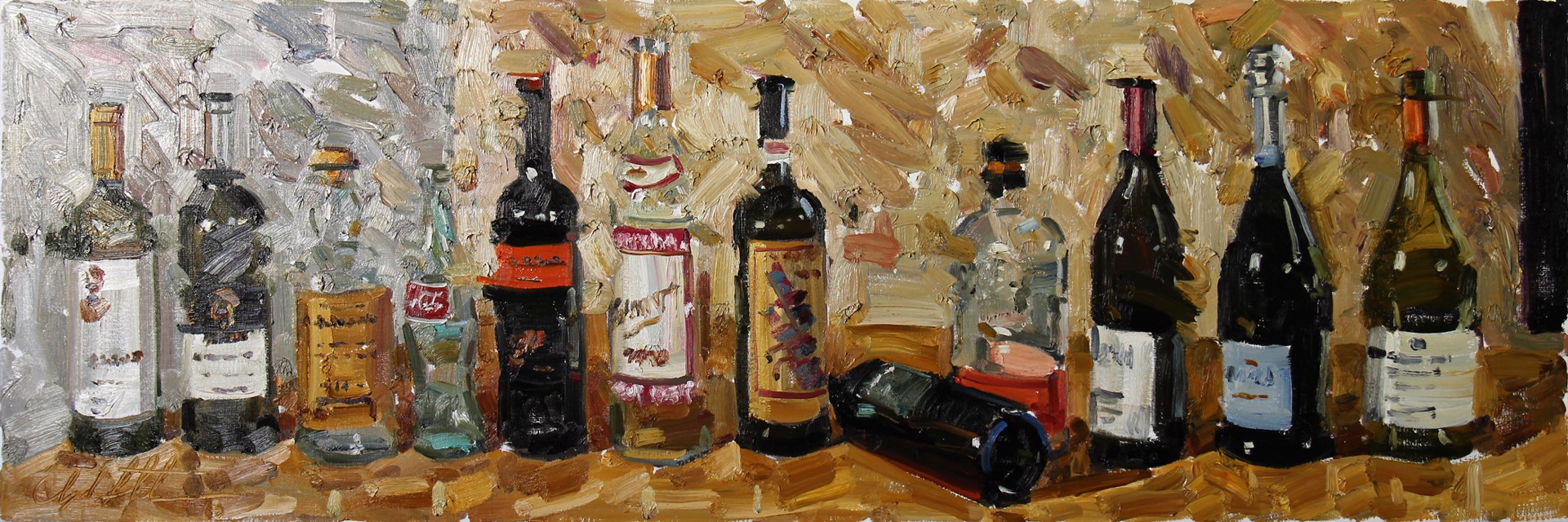 A painting of many bottles of wine on a table.