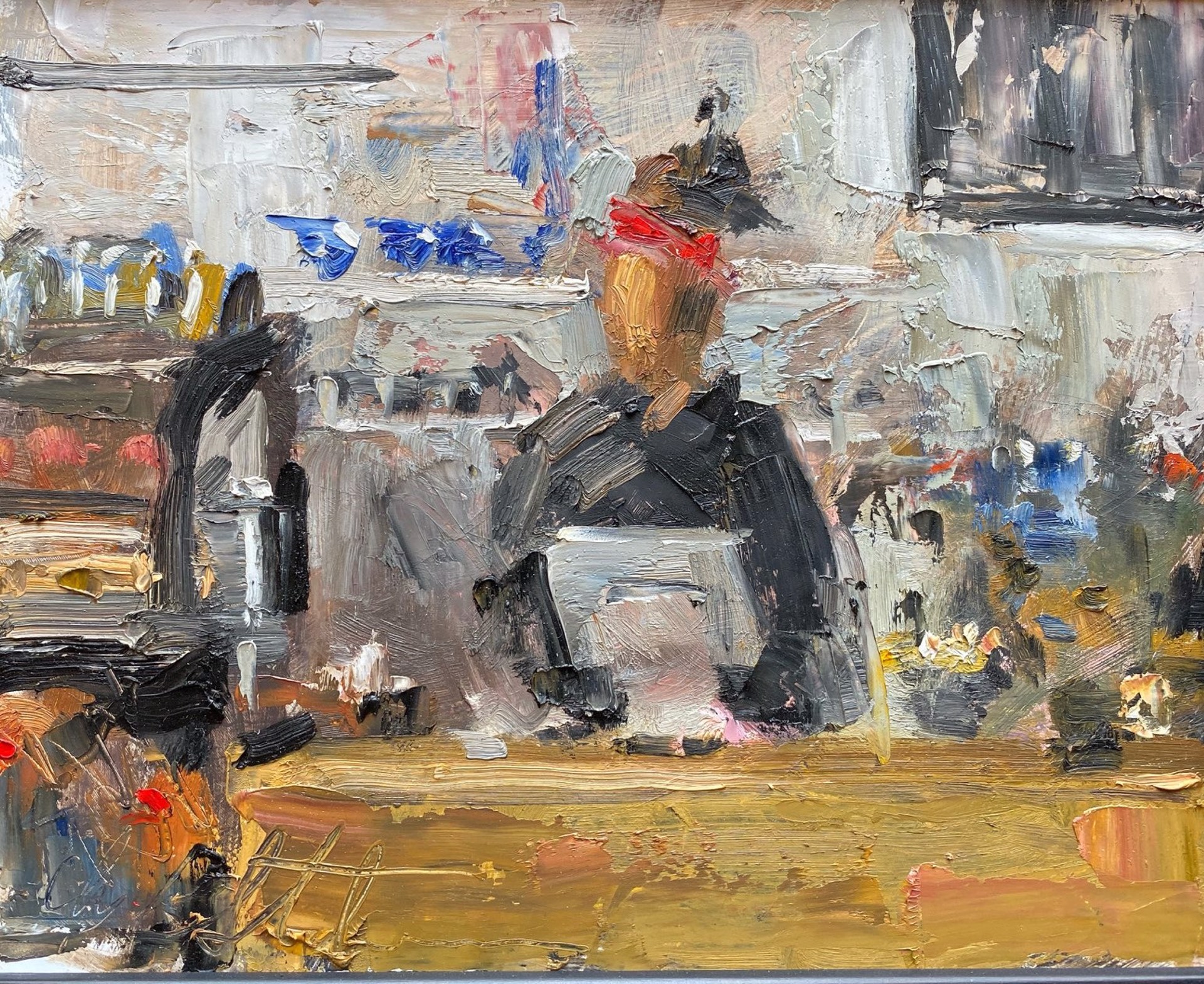 A thick, expressive painting of a figure behind a counter in a busy shop.