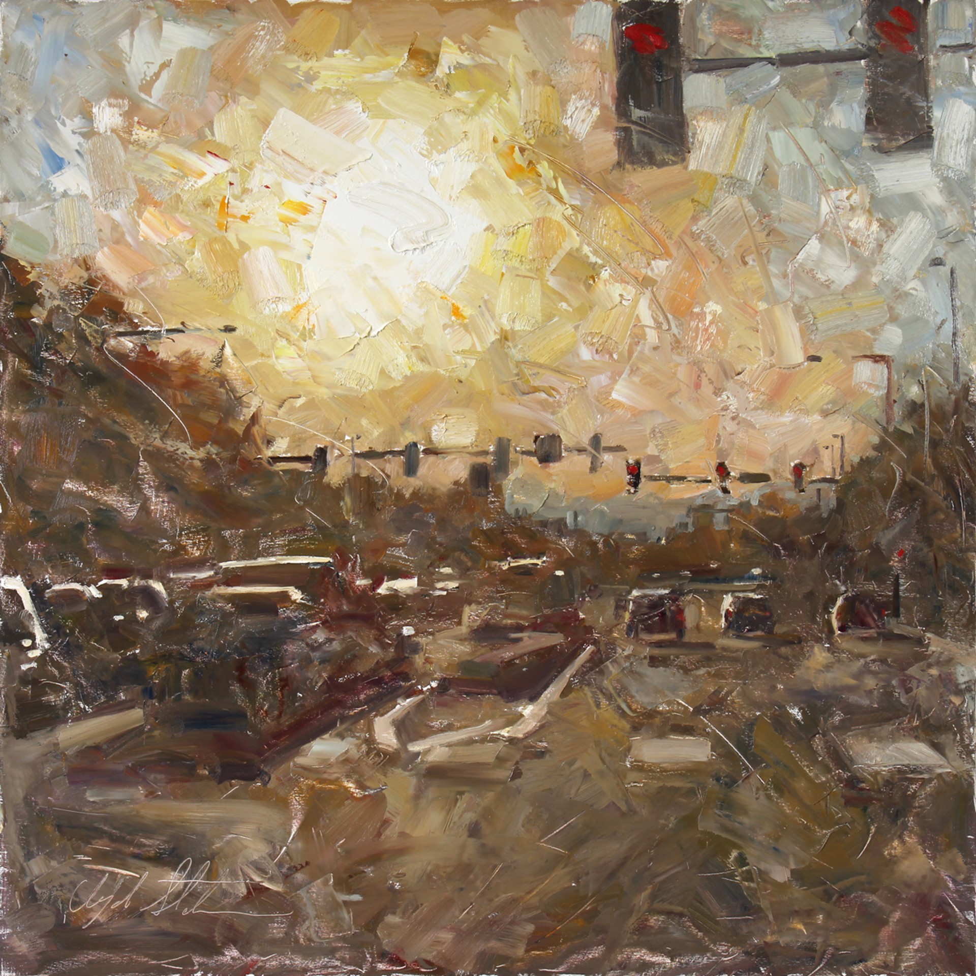 A painting of a city street with a sunset in the background.