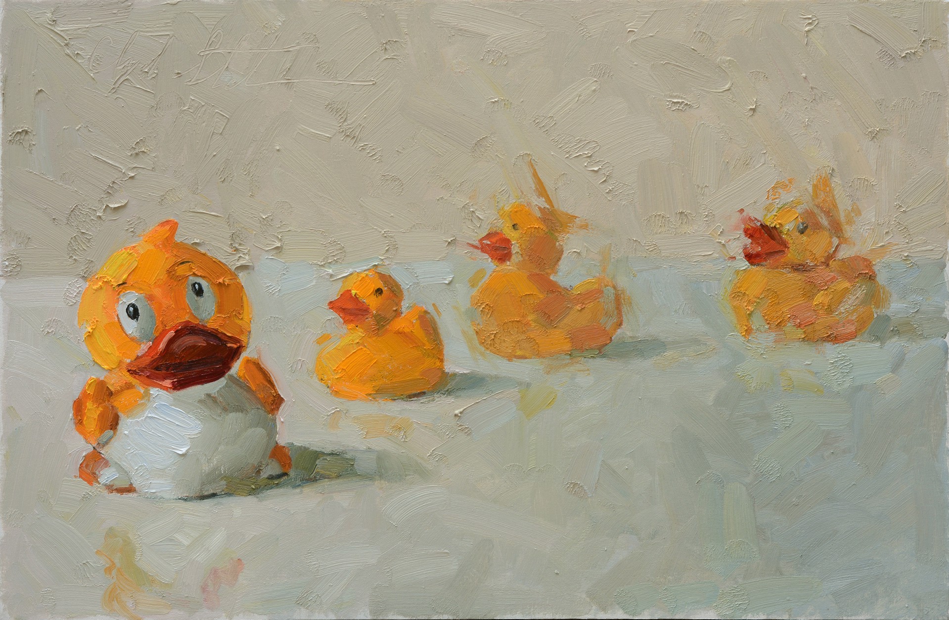 A painting of a group of rubber ducks sitting on a table.