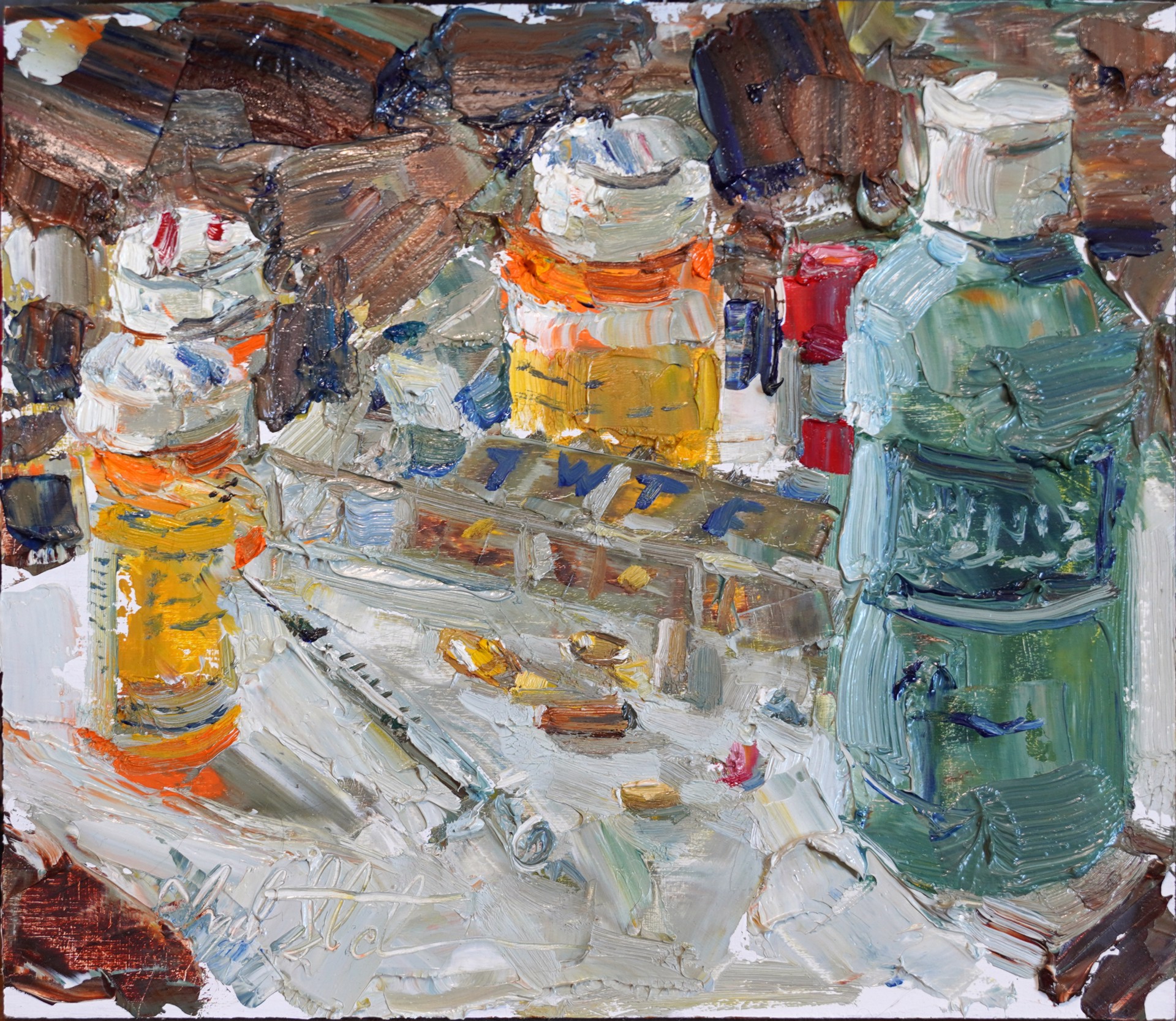 A thickly painted still life of medicine bottles and pills on a cluttered surface.