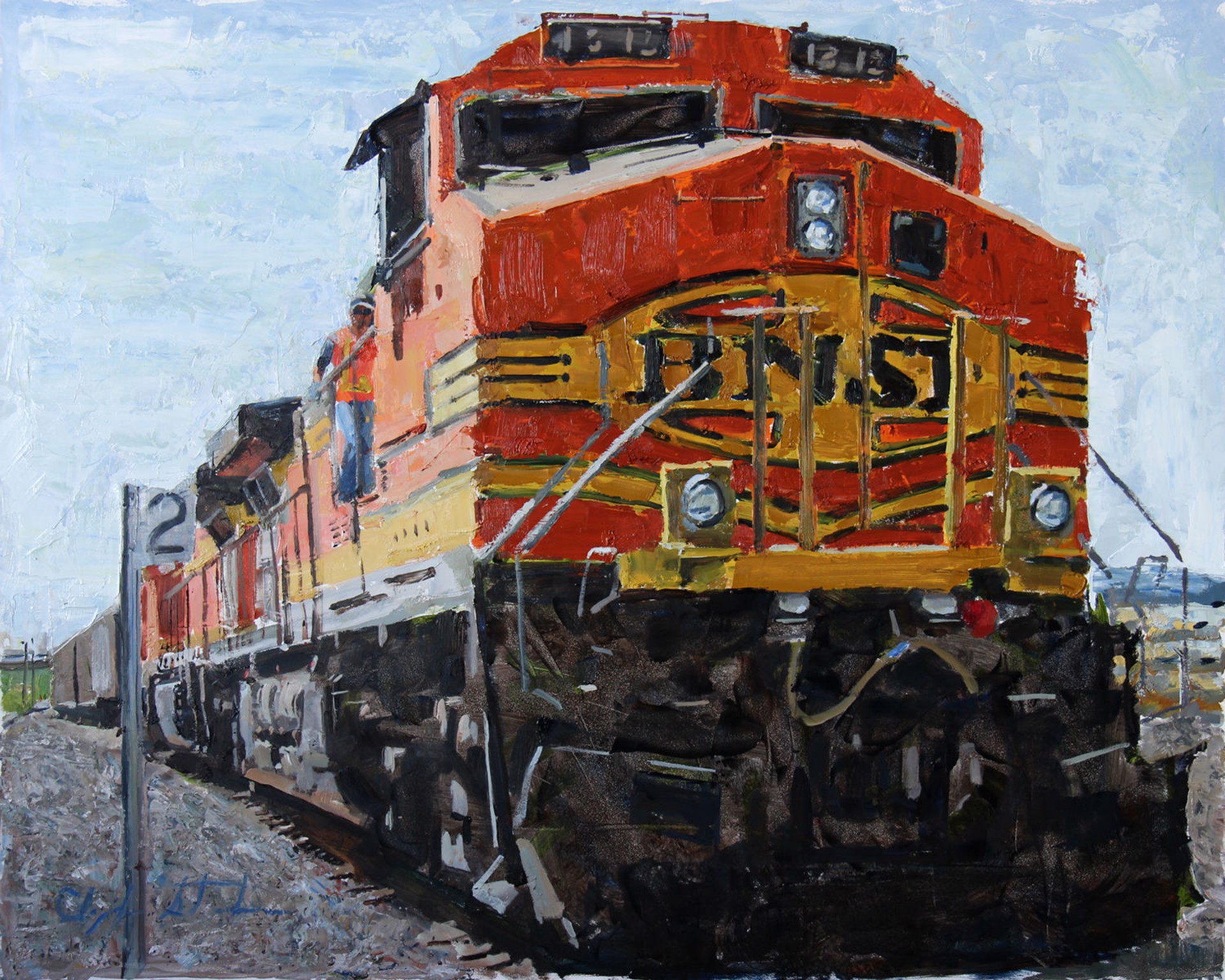 A painting of a red and yellow train engine on a train track.