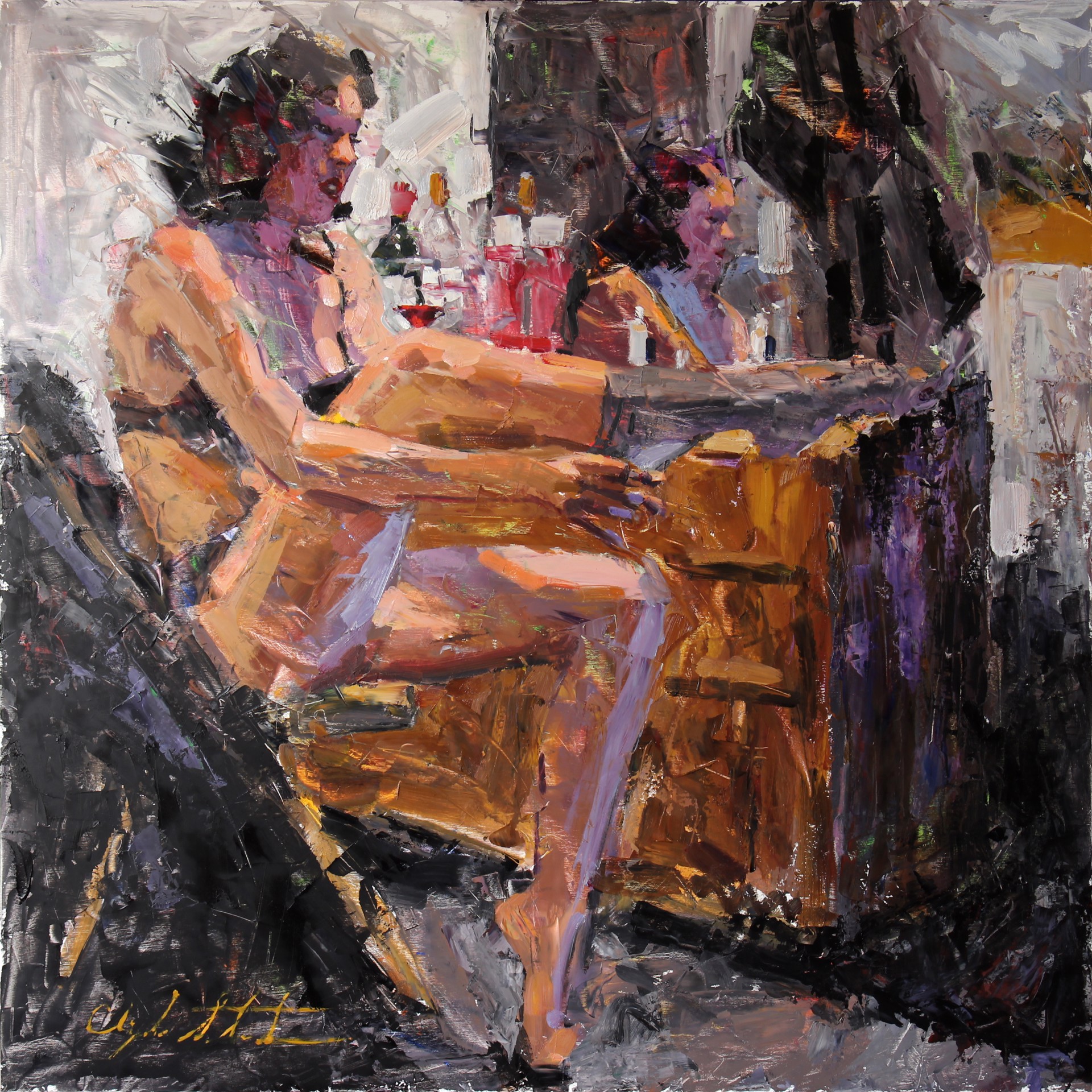 A painting of a woman sitting at a bar.