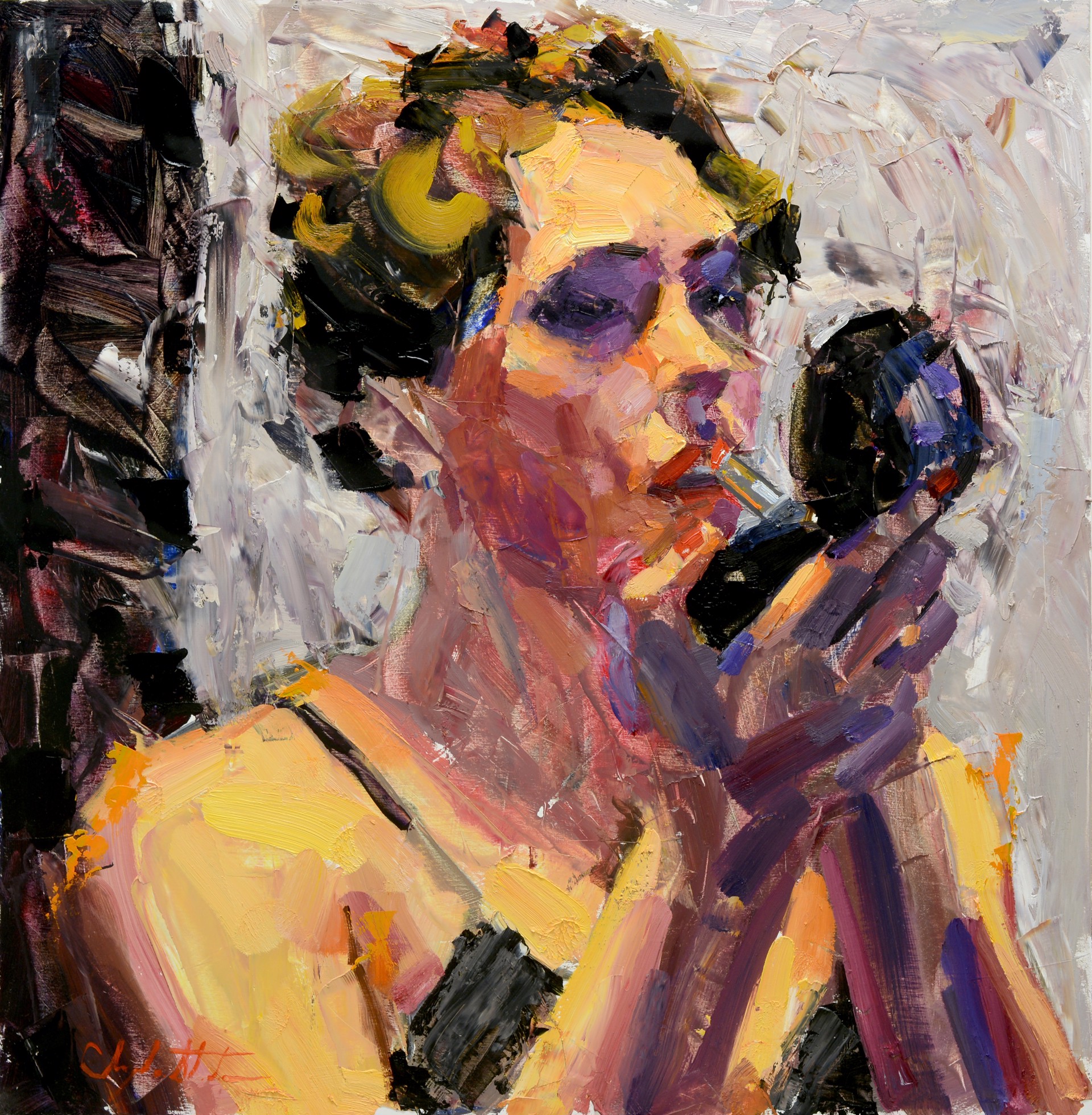 A painting of a woman holding a microphone.
