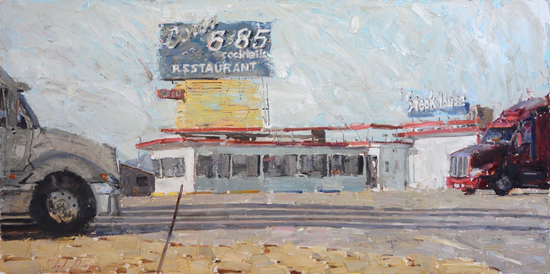 A painting of a truck parked in front of a restaurant.