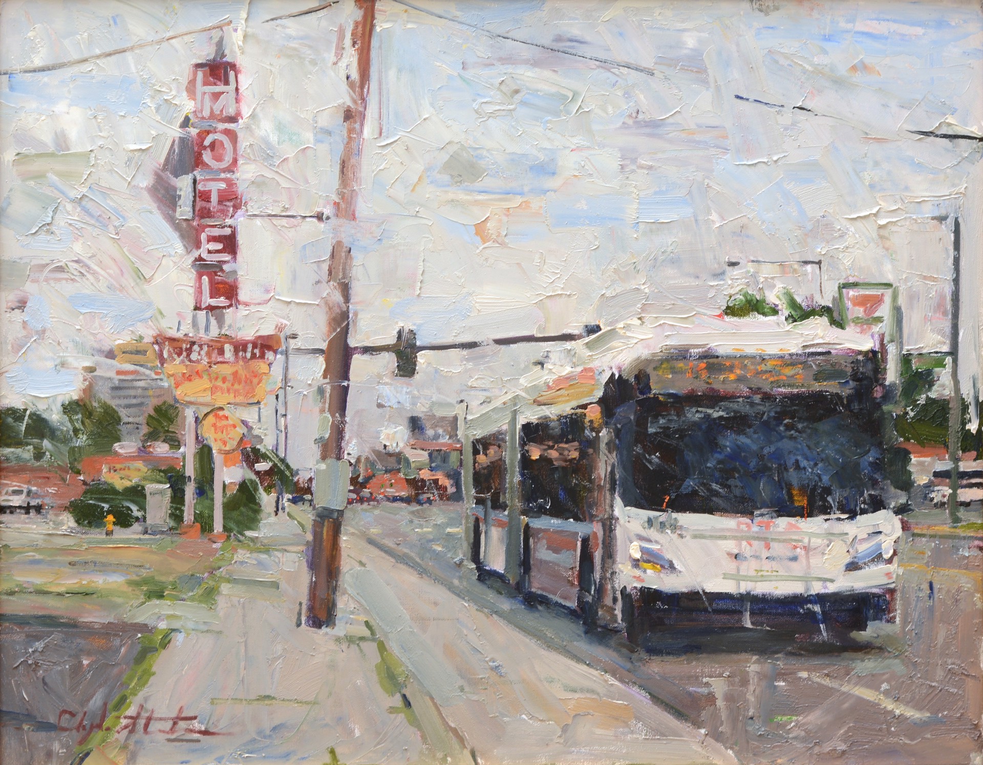 A painting of a bus on a city street.