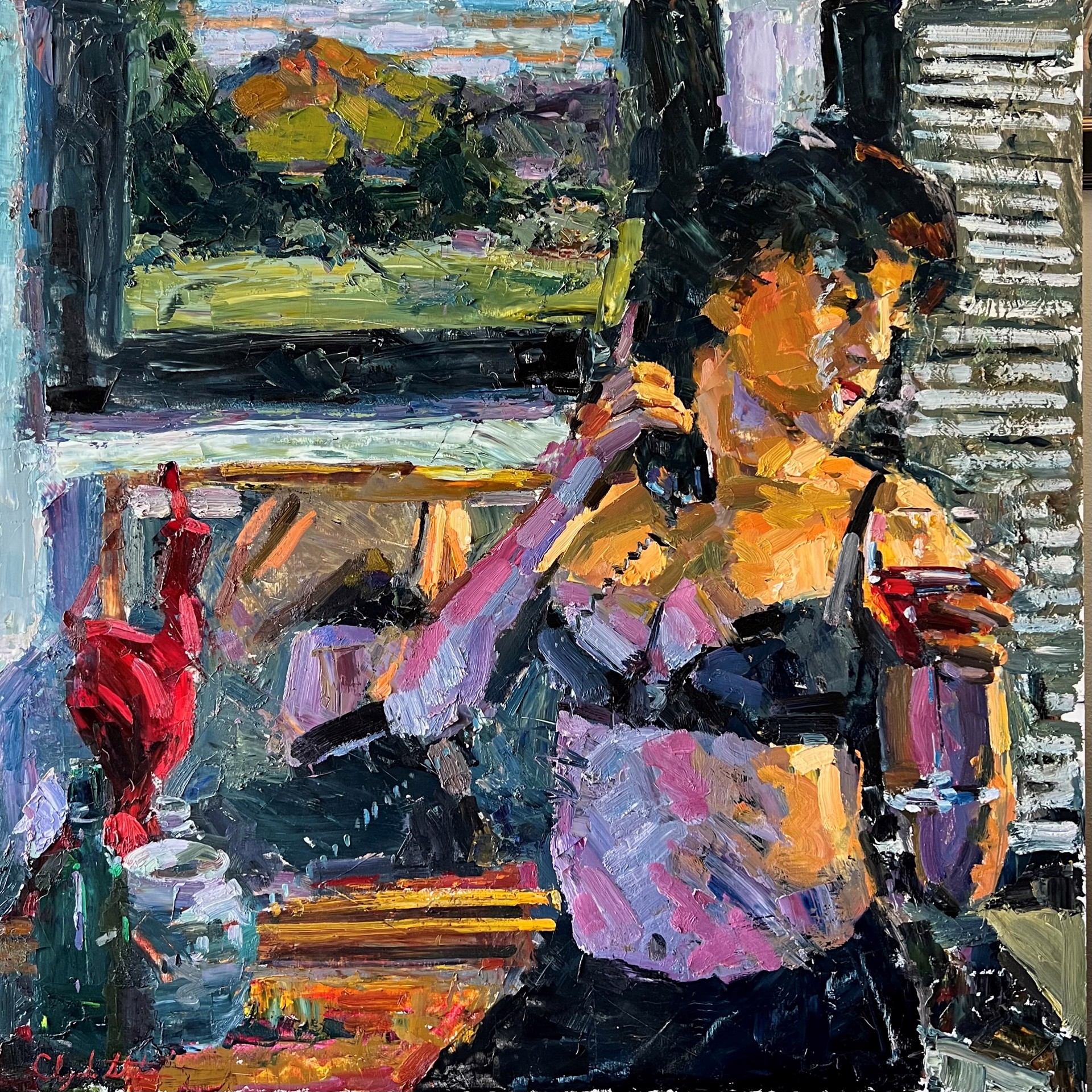 A painting of a woman sitting at a table with a glass of wine.