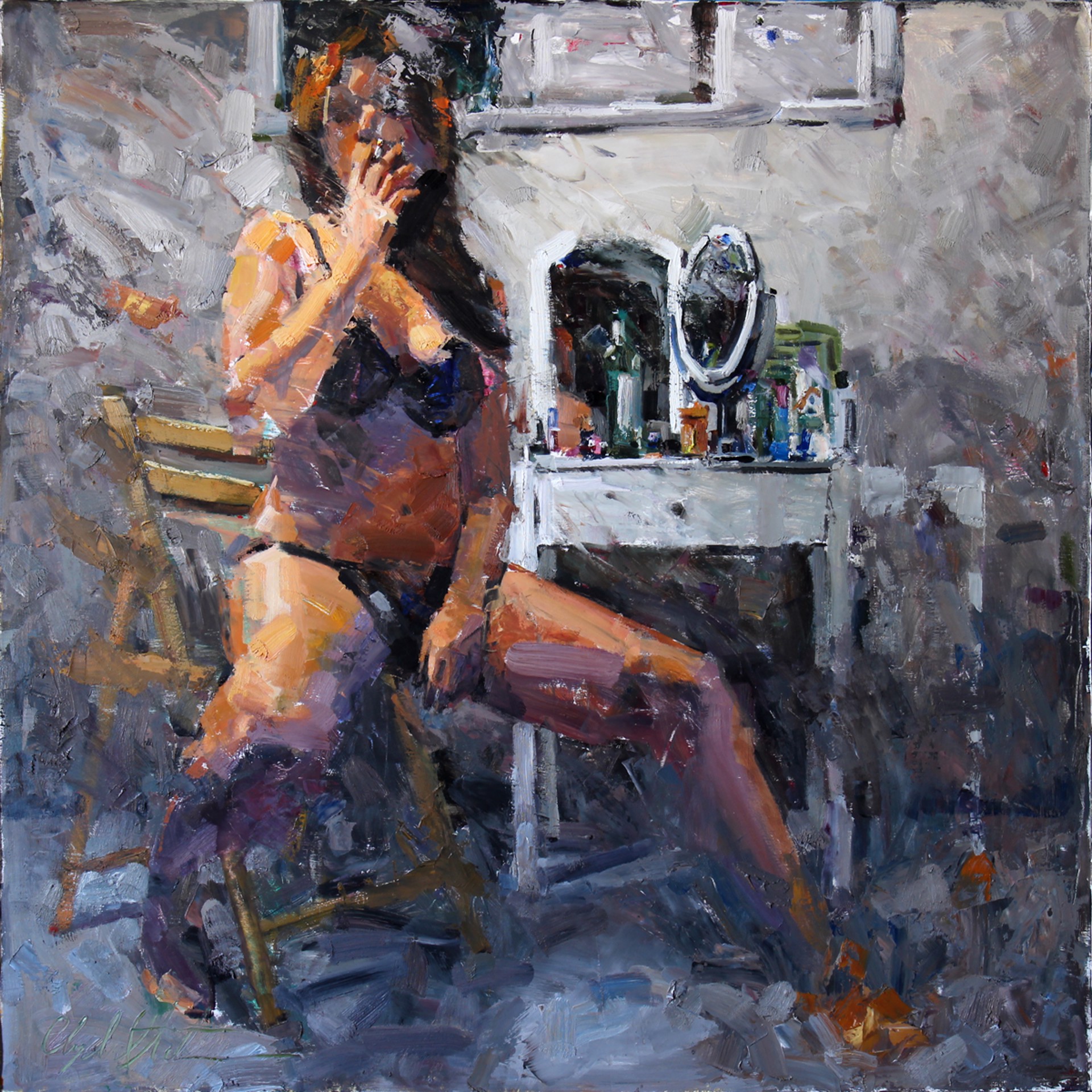 A painting of a woman sitting in front of a mirror.