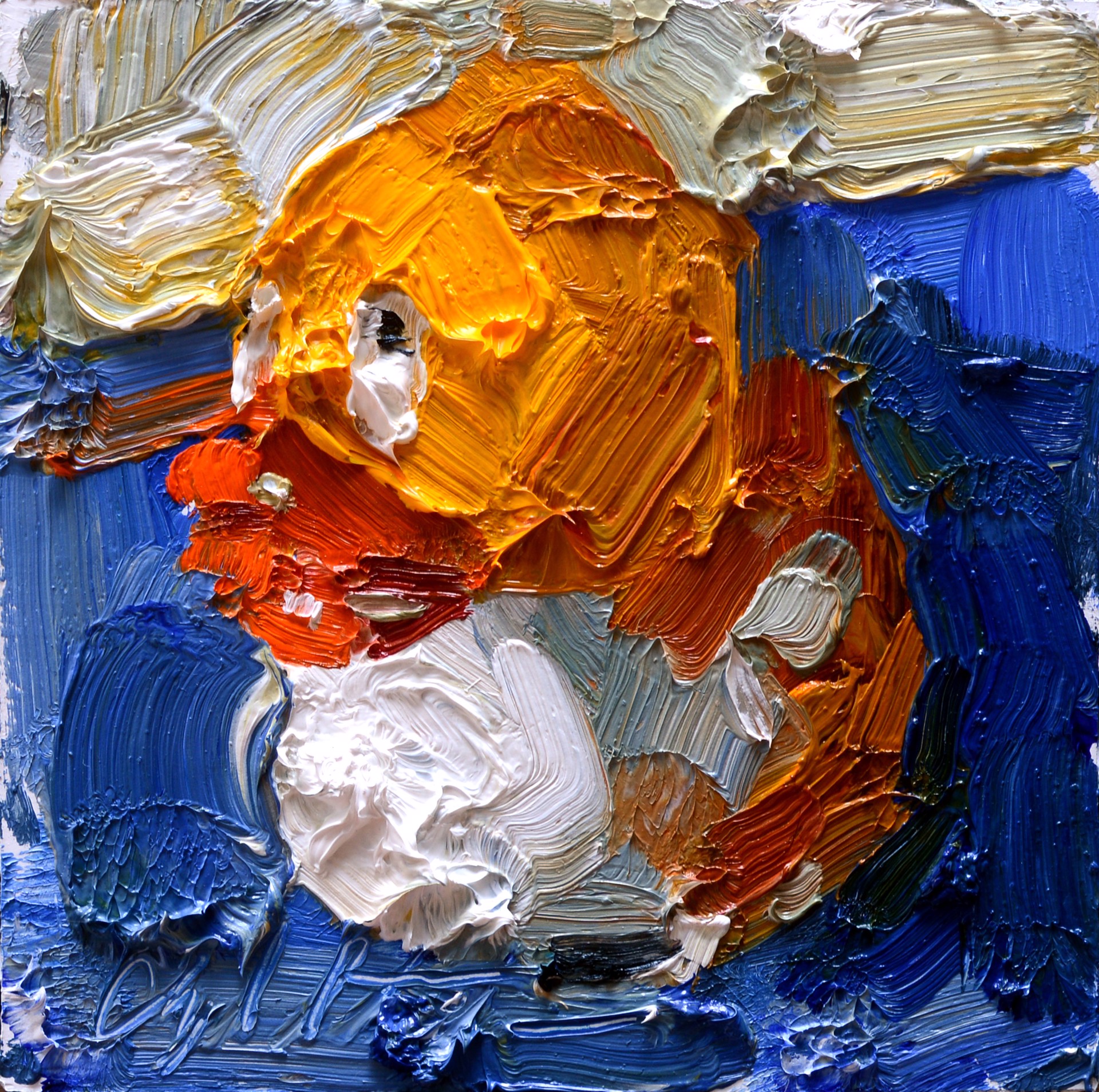 A painting of a woman's face on a blue and orange background.
