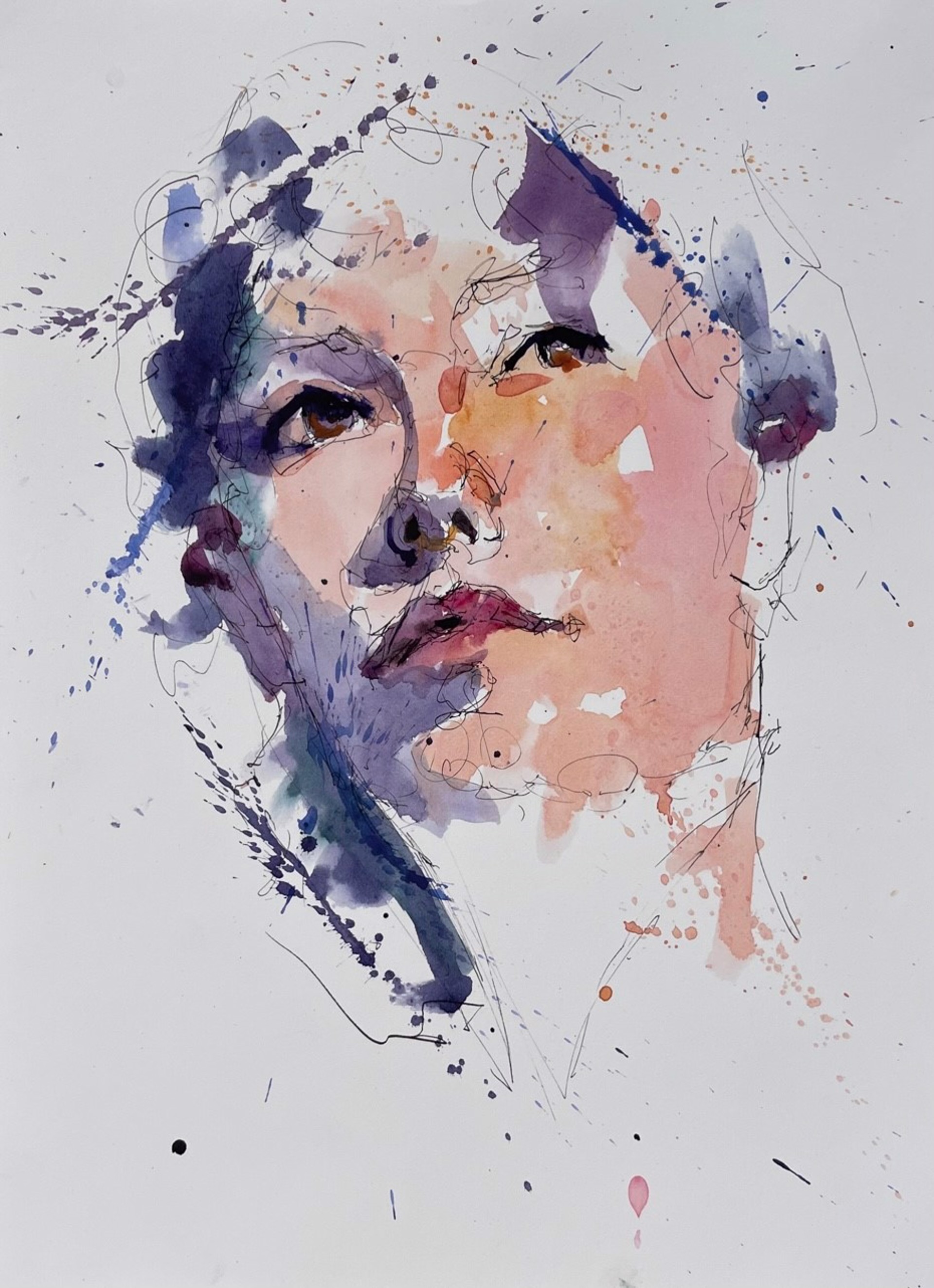 A watercolor painting of a woman's face on a white background.