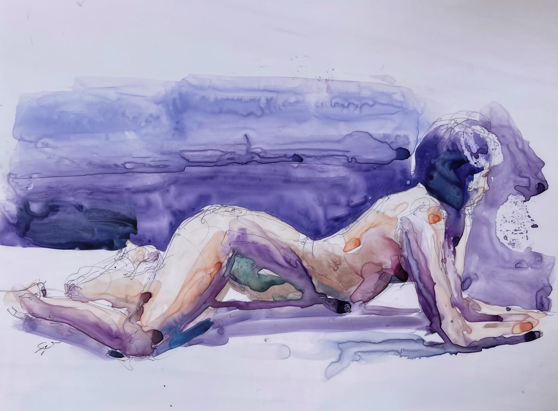 A watercolor painting of a nude woman laying down on the ground.