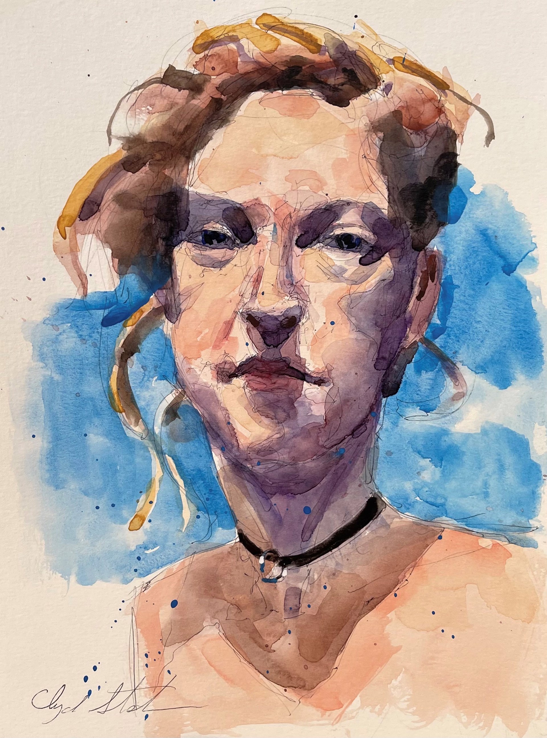 A watercolor painting of a woman's face on a white background.