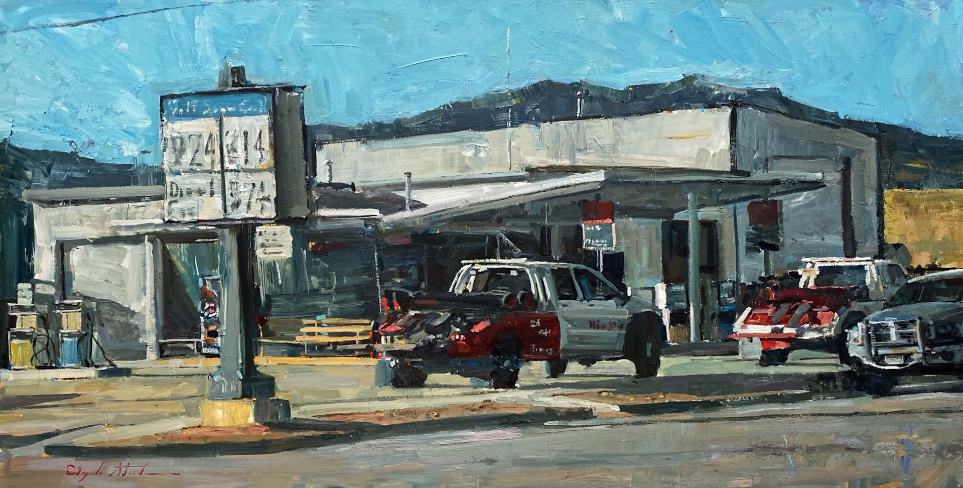A painting of a gas station with cars parked in front of it.