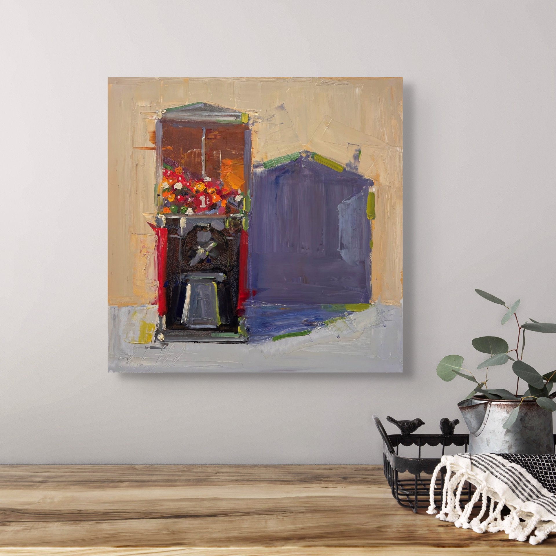 A vibrant oil painting of a flower shop with bold colors and thick brushstrokes.