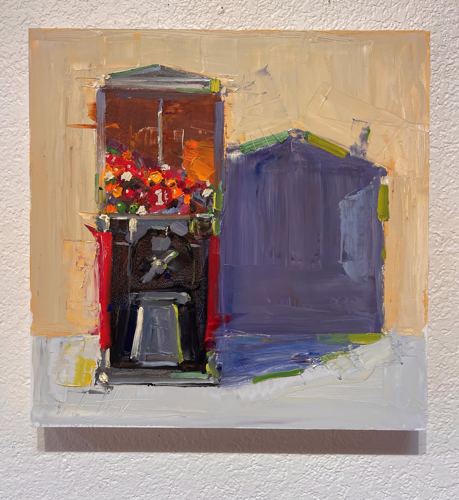 A vibrant oil painting of a flower shop with bold colors and thick brushstrokes.
