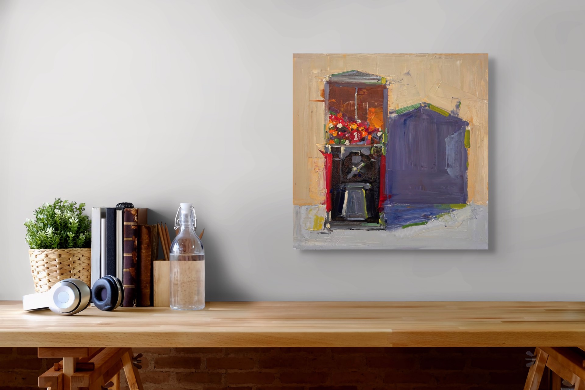 A vibrant oil painting of a flower shop with bold colors and thick brushstrokes.