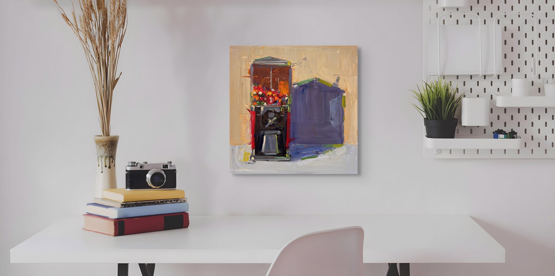 A vibrant oil painting of a flower shop with bold colors and thick brushstrokes.