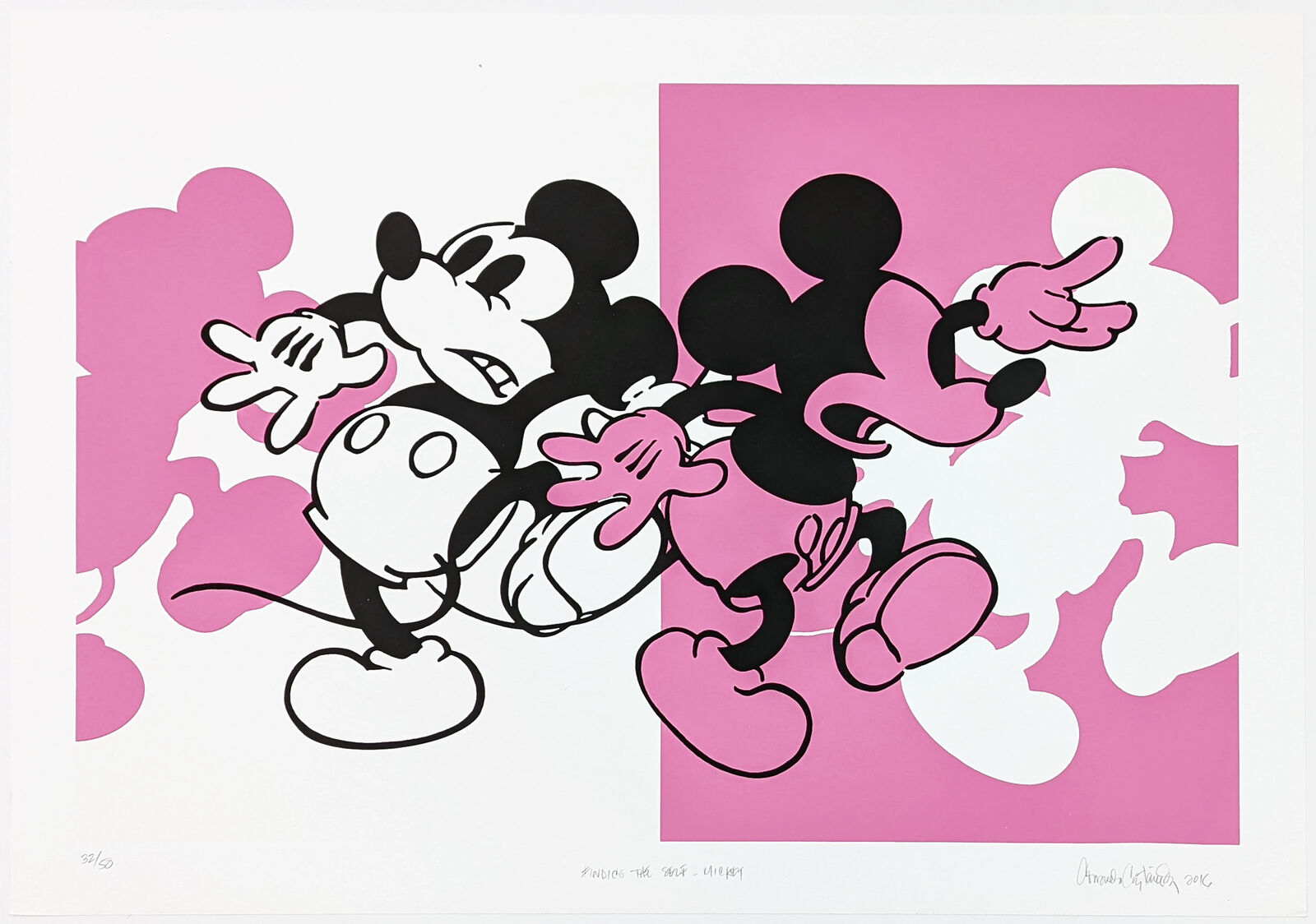 A pink and black mickey mouse and minnie mouse on a pink background.