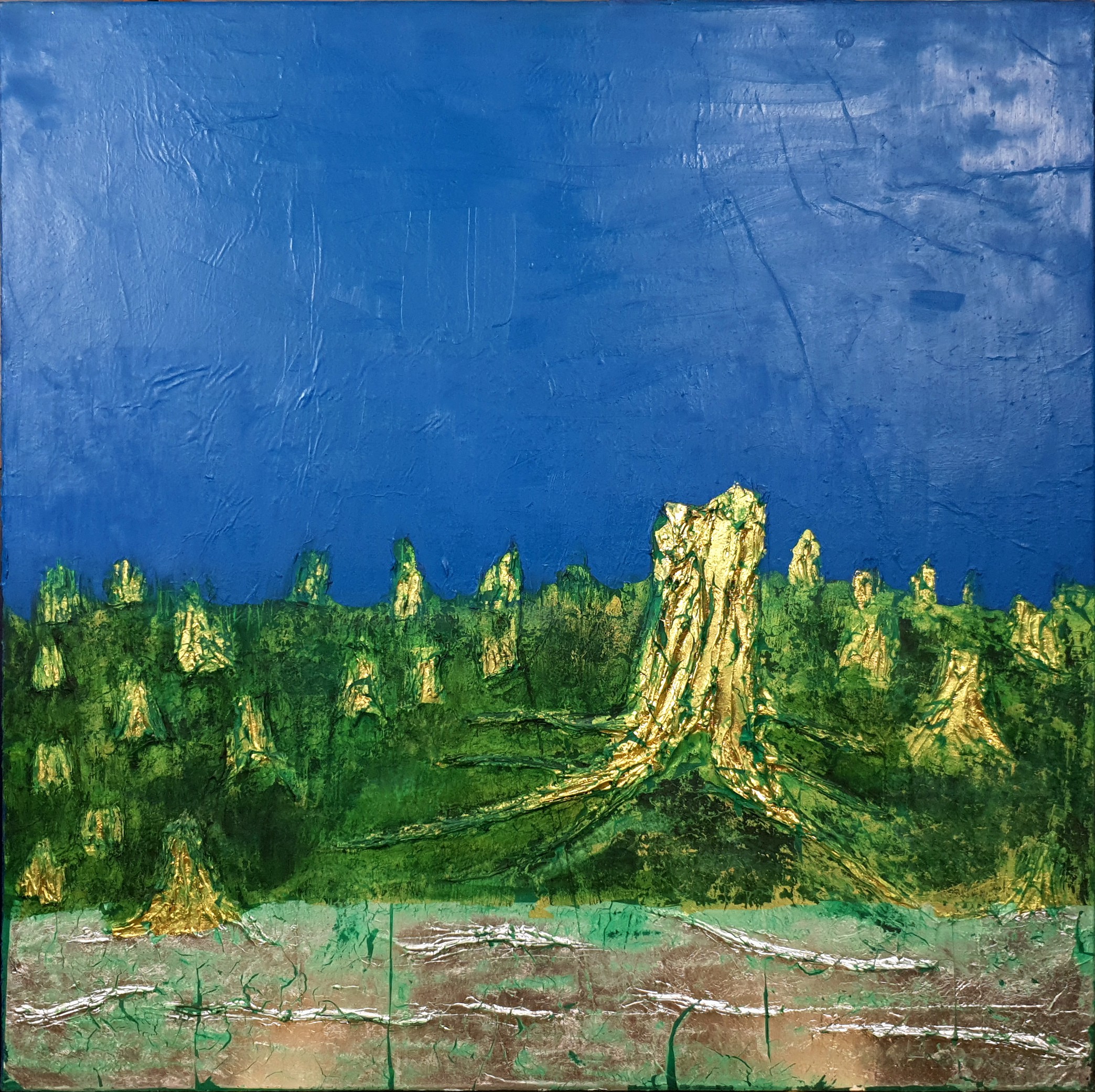 A painting of a forest with a blue sky in the background.