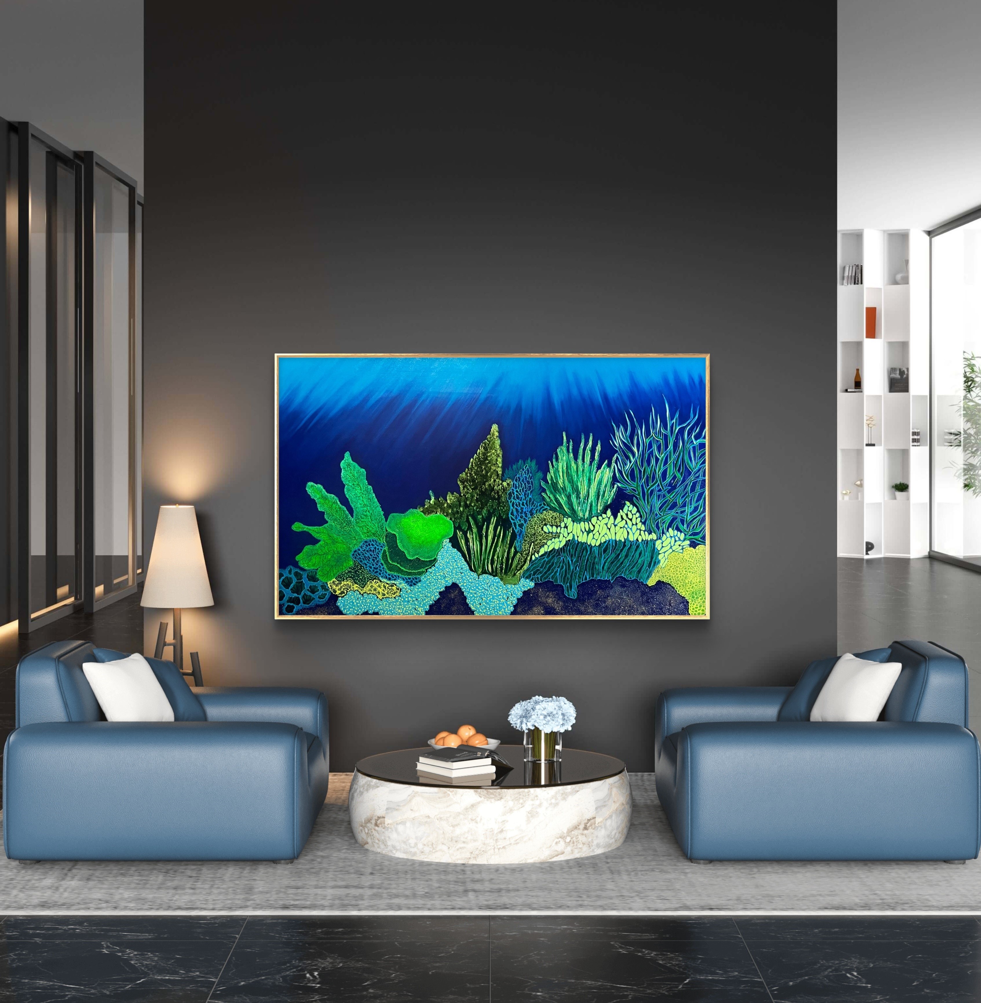A painting on a brick wall in a room.