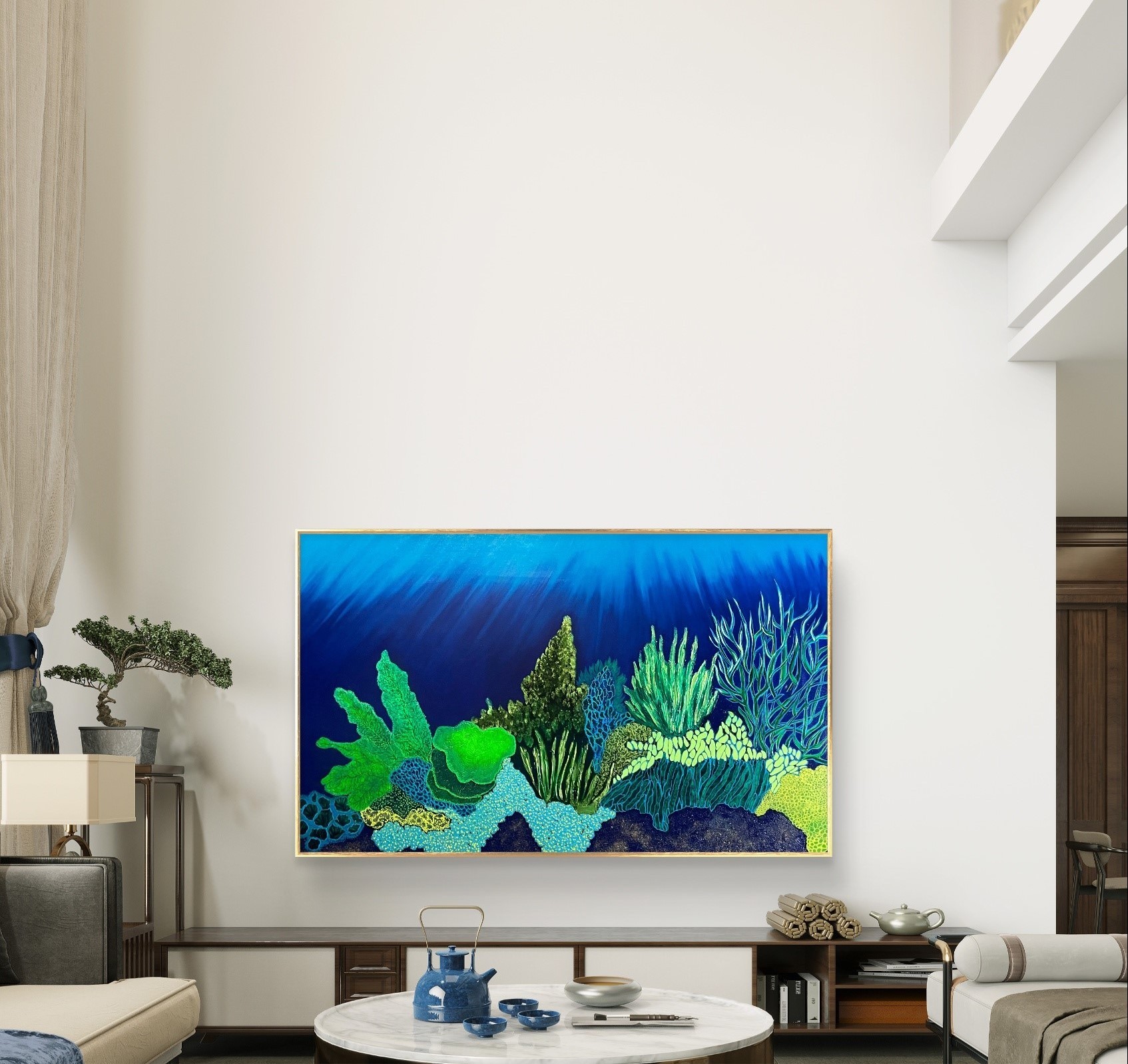 A painting on a brick wall in a room.