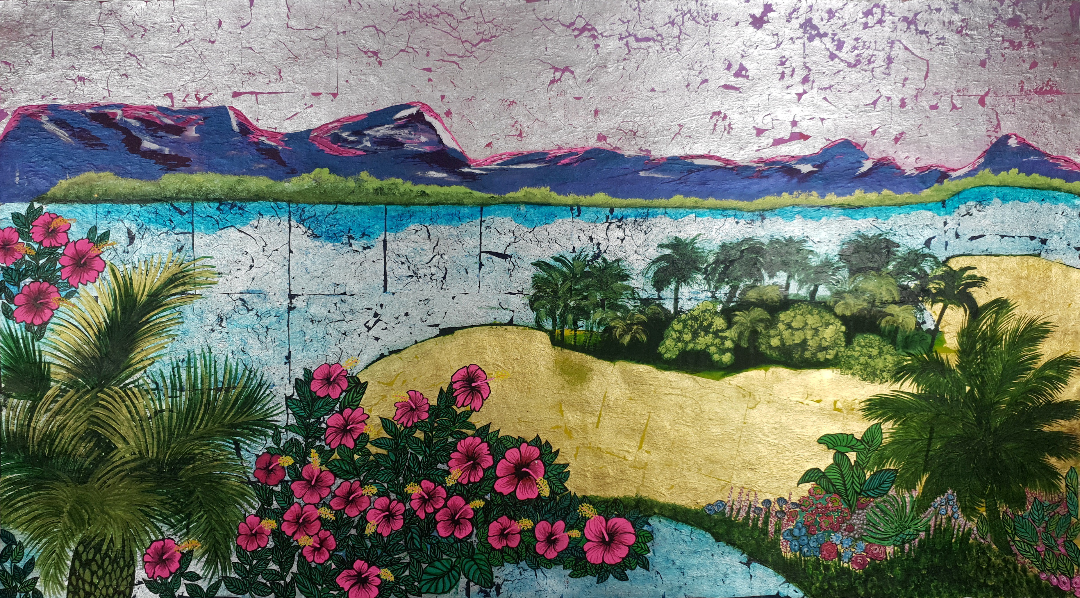 A mural on the side of a building with flowers and mountains in the background.