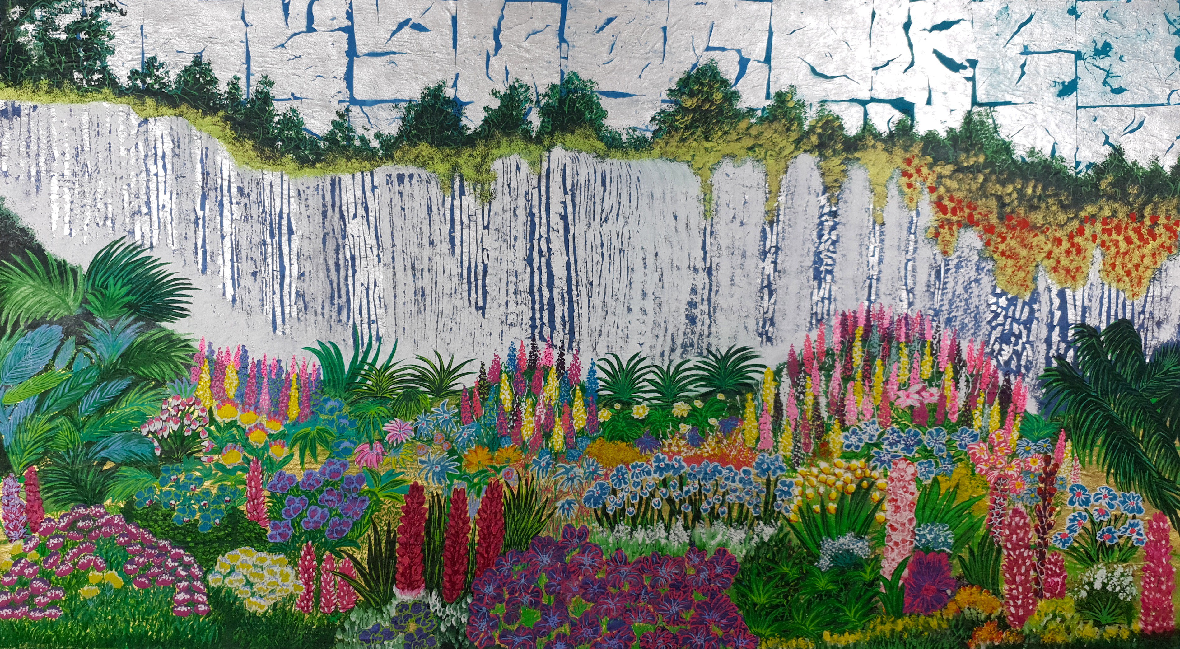 A painting of a garden with flowers and trees.