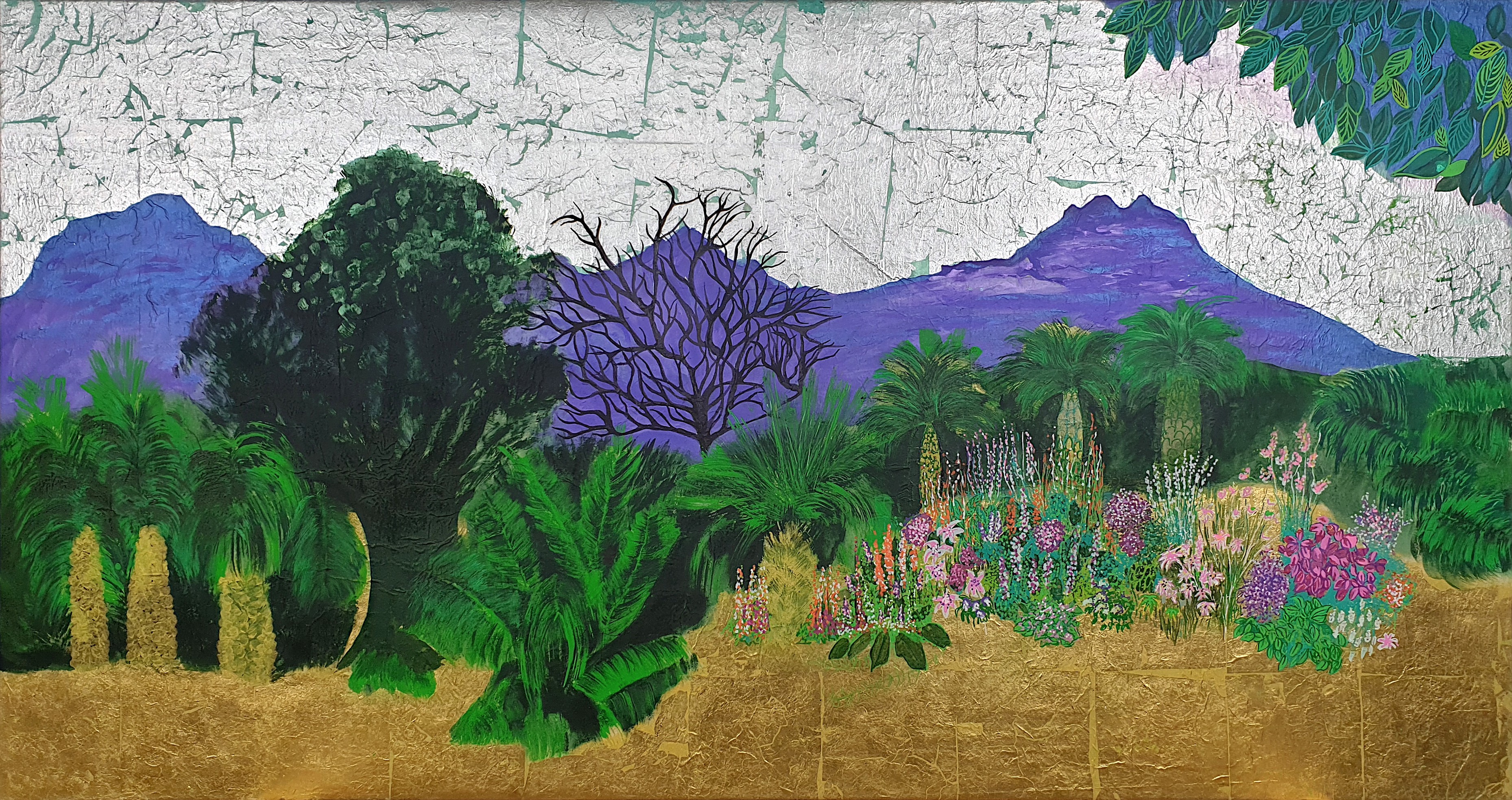 A painting of a landscape with trees and flowers.