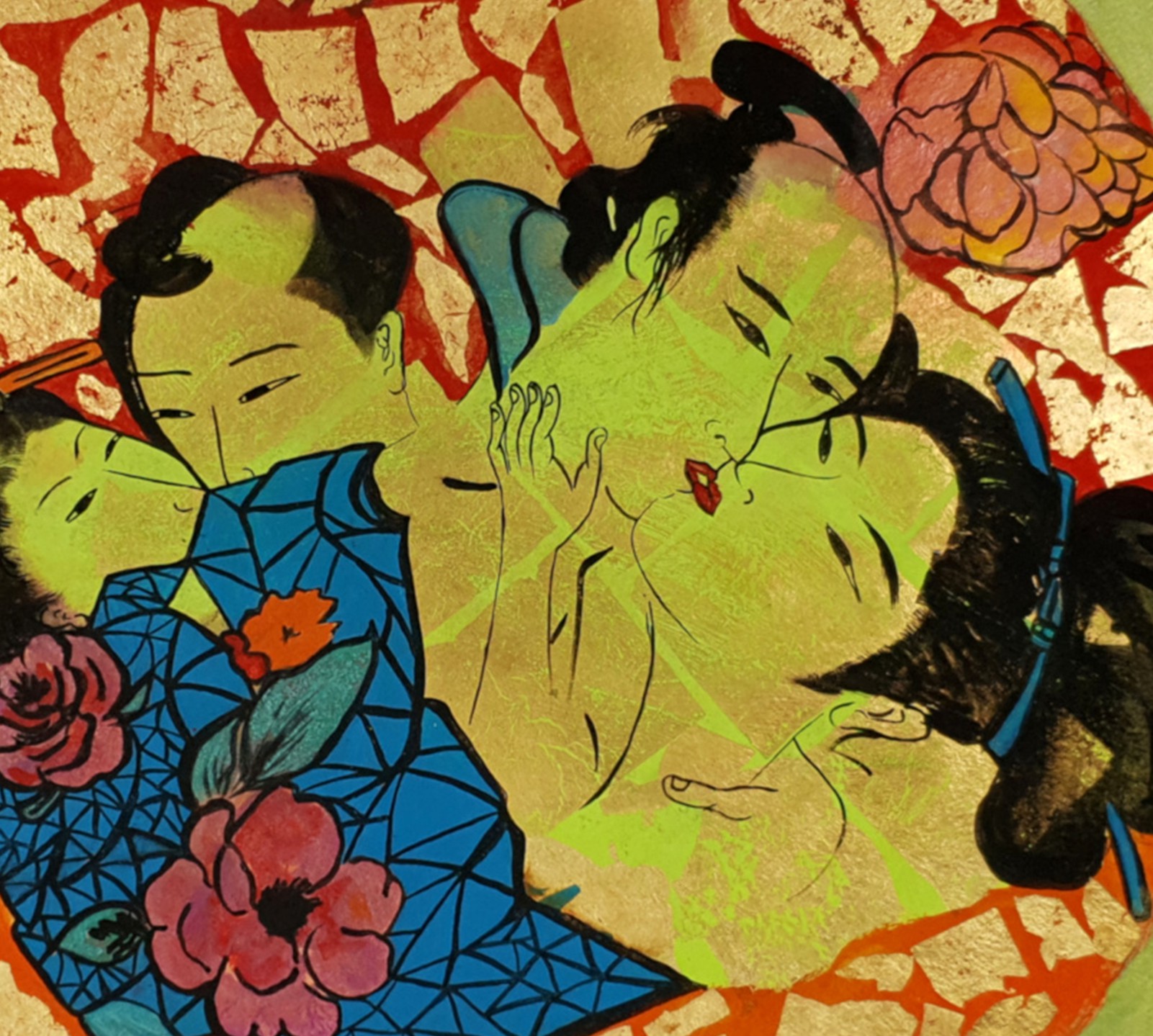 A painting of a group of people in kimonos and flowers.