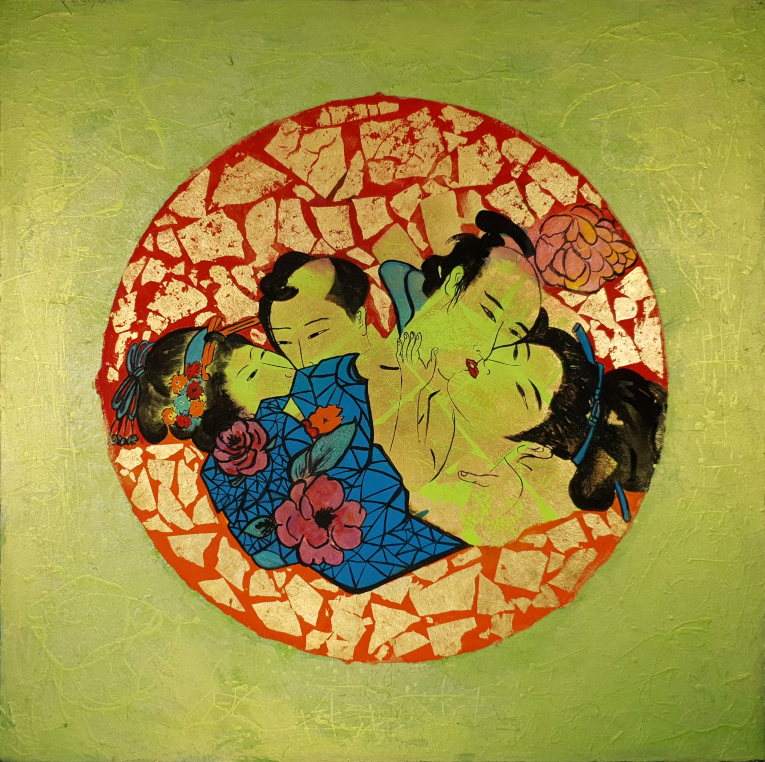 A painting of a group of people in kimonos and flowers.