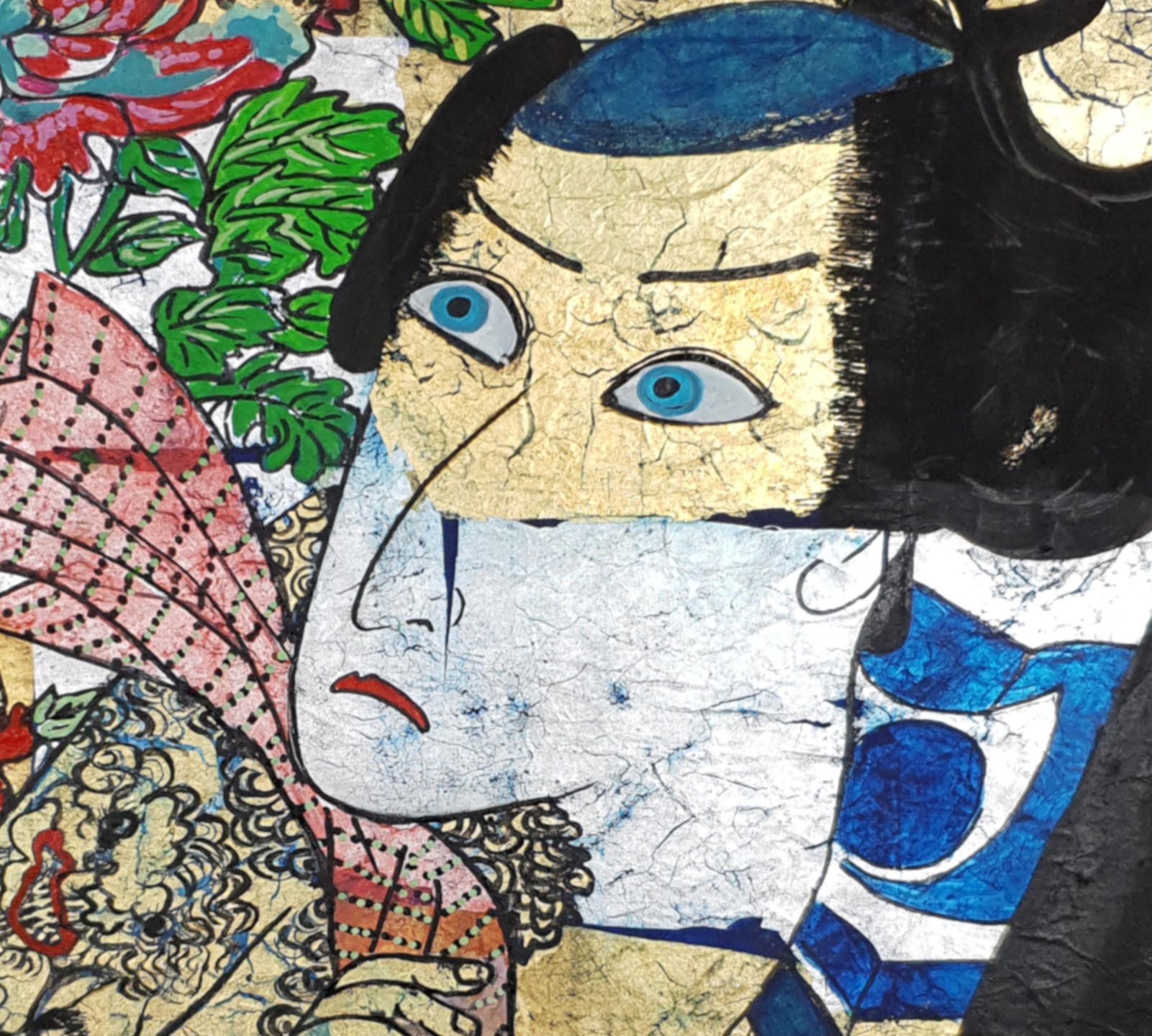 A painting of a woman with blue eyes and a fan.